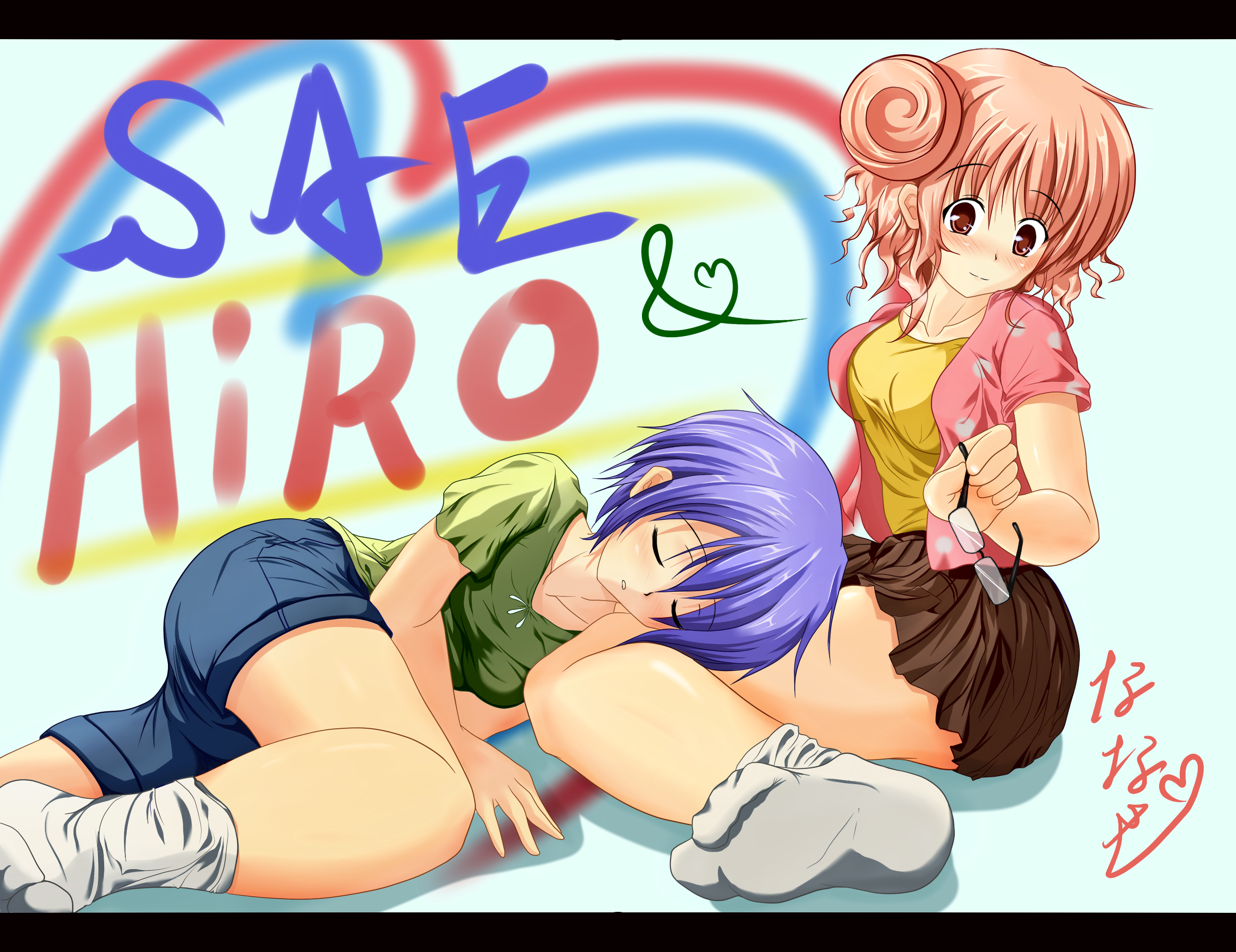 nanase nanami, hiro (hidamari sketch), sae (hidamari sketch), hidamari sketch, highres, feet, glasses, hair bun, lap pillow, single hair bun, sleeping, socks, yuri