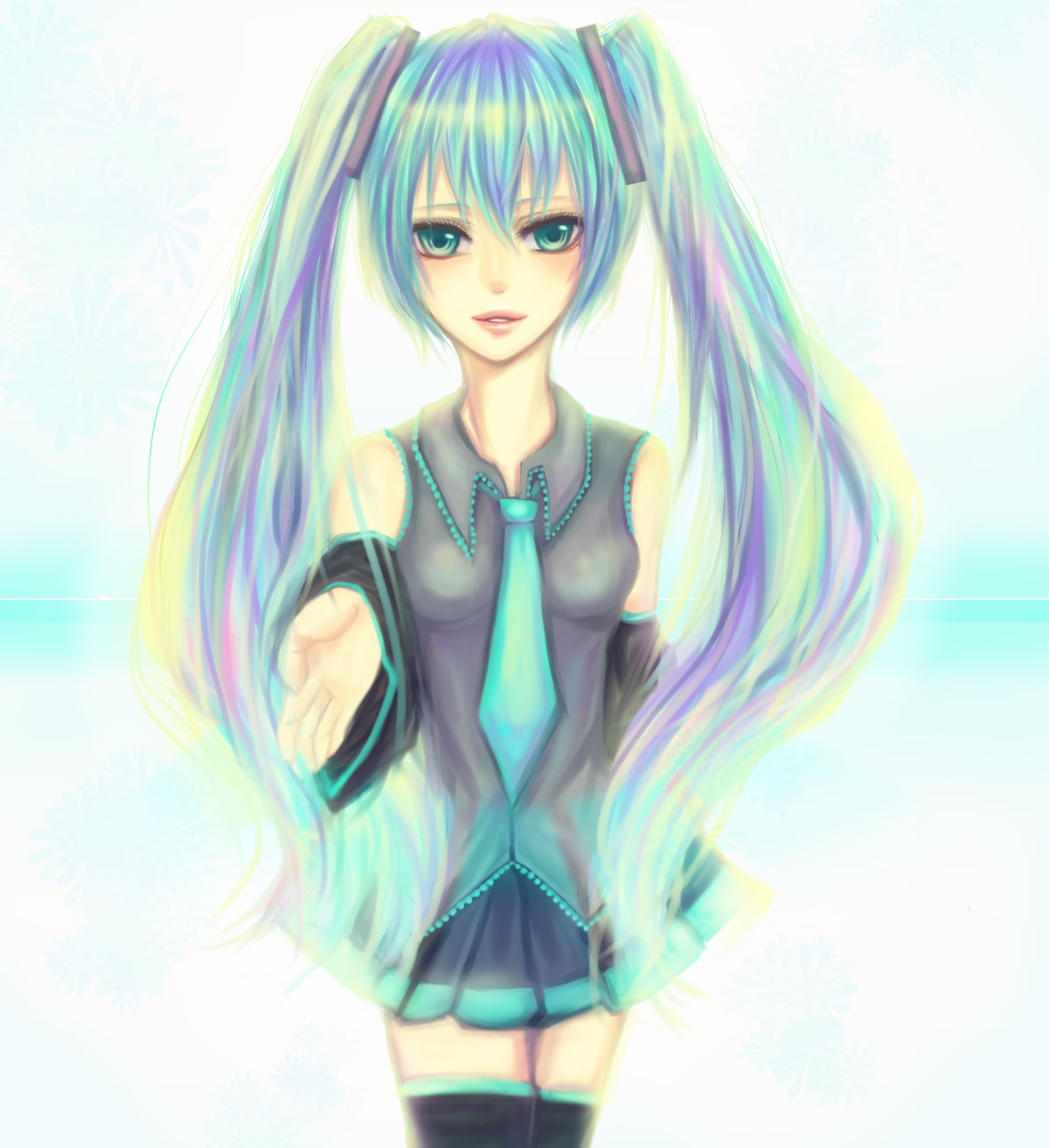 shizuki mio, hatsune miku, vocaloid, bad id, bad pixiv id, highres, 1girl, aqua eyes, aqua hair, female focus, lips, long hair, multicolored hair, necktie, purple hair, sizuki, skirt, solo, thighhighs, twintails, very long hair, zettai ryouiki