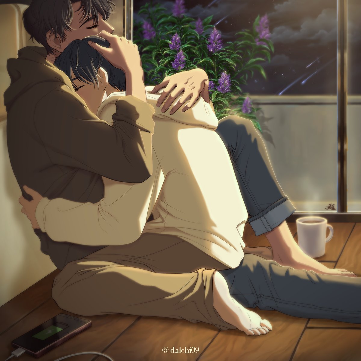 dalchi09, kim dokja, yoo joonghyuk, omniscient reader's viewpoint, commentary request, highres, korean commentary, 2boys, backlighting, barefoot, black hair, brown hoodie, closed eyes, curtained hair, flower, hand on another's back, hand on another's head, hood, hood down, hoodie, hug, indoors, knee up, lavender (flower), male focus, meteor shower, multiple boys, night, phone, short hair, steaming cup, white hoodie, yaoi