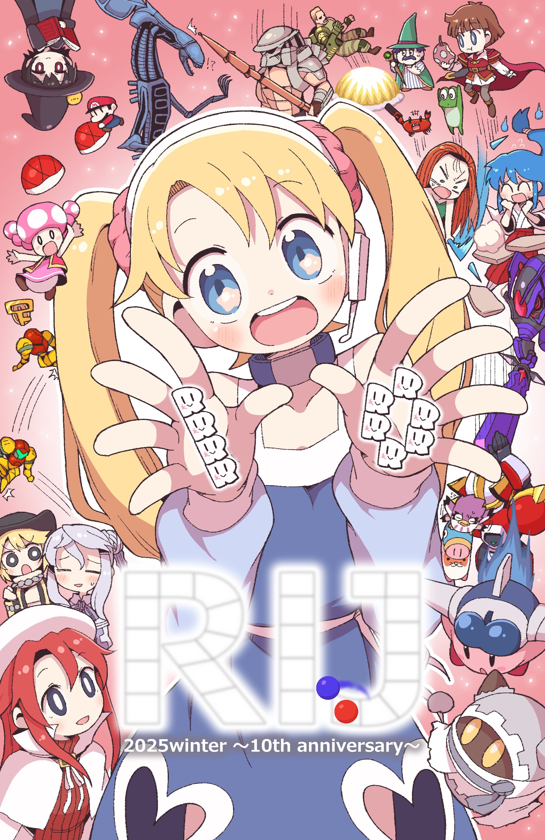 dokan (dkn), alien queen, aty (summon night), coo (kirby), dutch schaefer, falier, himuro kinu, interdimensional magolor, jet kirby, kine (kirby), kirby, magolor, mario, mikami reiko, predator (character), prince of sable, rick (kirby), rta-chan, samus aran, sonolar, toadette, torneko, alien (1979), alien (series), alien vs. predator, chibo, ghost sweeper mikami, kaeru no tame ni kane wa naru, kirby's dream land 2, kirby's return to dream land deluxe, kirby (series), metroid, nintendo, predator (1987), predator (series), rta in japan, summon night, summon night 3, super mario maker 2, super metroid, torneko no daibouken, absurdres, annotated, commentary, highres, !?, ^^^, a dance of fire and ice, alien, animal, anniversary, armor, beret, bird, black eyes, black hair, black hat, blade catching, blonde hair, blue dress, blue eyes, blue hair, book, brown hair, cape, capelet, closed eyes, closed mouth, clothing cutout, coin, cowboy hat, crab, crab champions, crossover, divine dynamo flamefrit, dress, eating, explosion, facial hair, fish, flamefrit, food, frog, green eyes, green hat, gun, hair bun, hamster, hands up, hat, headband, headset, heart cutout, holding, holding book, holding food, holding gun, holding shell, holding staff, holding sword, holding weapon, japanese clothes, jumping, key, long hair, looking at another, looking at viewer, low-tied long hair, mecha, multiple boys, multiple girls, mustache, open book, open hands, open mouth, pink scrunchie, power suit (metroid), red cape, red eyes, red hair, red hat, red sweater, ribbed sweater, robot, scrunchie, shadonir, shell, short hair, smile, spell tonaeru, staff, star (symbol), star in eye, sweater, sword, symbol in eye, twintails, two speth, varia suit, very long hair, weapon, white capelet, white hat, white headband, wide-eyed, witch hat, yellow eyes