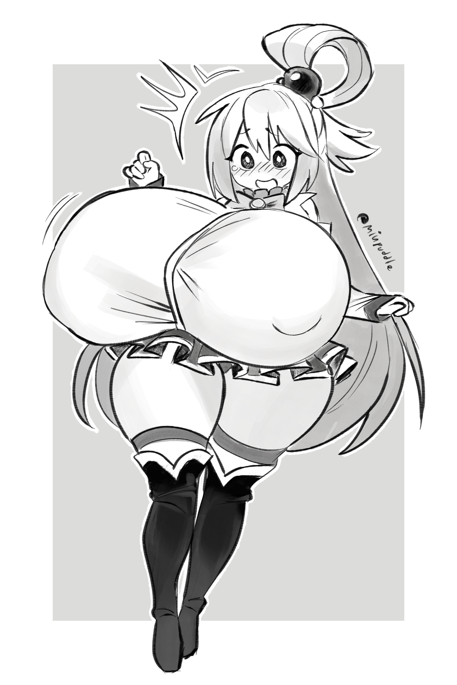 miupuddle, aqua (konosuba), kono subarashii sekai ni shukufuku wo!, 1girl, alternate breast size (larger), artist name, blush, boots, border, breast expansion, breasts, covered erect nipples, gigantic breasts, greyscale, long hair, looking at breasts, monochrome, motion lines, open mouth, outline, pleated skirt, ponytail, signature, simple background, sketch, skirt, solo, thick th, thighhighs, very long hair
