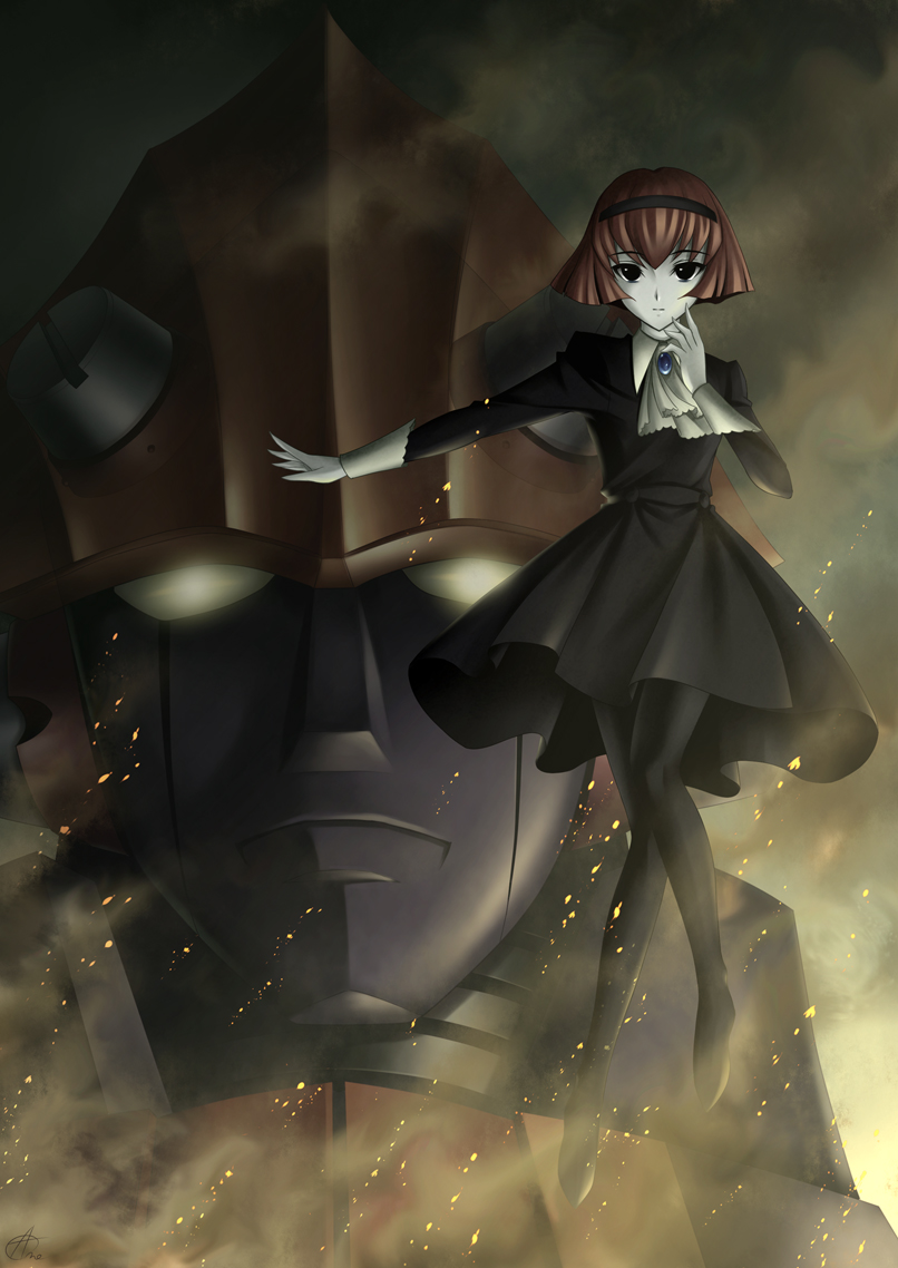 amane (funfun), big o (mecha), r dorothy wayneright, the big o, black legwear, android, ascot, black eyes, bob cut, brooch, dress, fire, hairband, jewelry, mecha, pale skin, pantyhose, red hair, robot, short hair, super robot