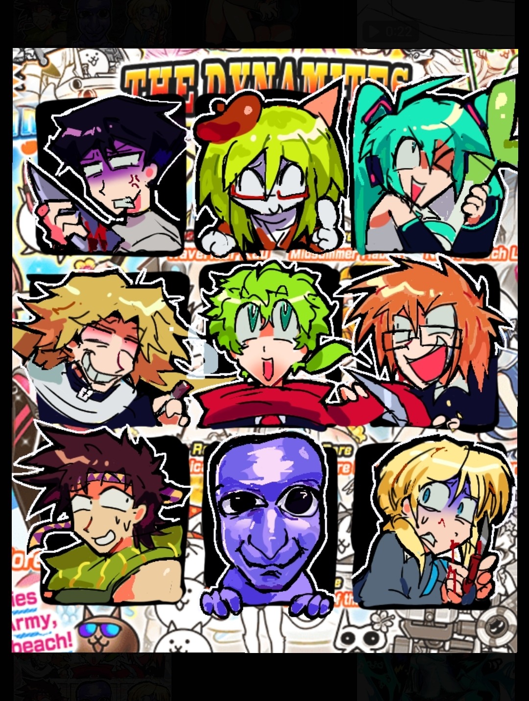 cat (nyanko daisensou), hatsune miku, hiyori sou, joseph joestar, nyon (randal's friends), the oni (ao oni), vincent charbonneau, yosafire (funamusea), ao oni, dead plate, funamusea, jojo no kimyou na bouken, kimi ga shine, nyanko daisensou, randal's friends, vocaloid, character request, commentary, copyright request, english commentary, highres, 1other, 2girls, 5boys, 8:11, bleeding, blood, bloody knife, brown hair, colored sclera, colorful background, drugs, glasses, holding, holding knife, knife, marijuana, multiple boys, multiple drawing challenge, multiple girls, phonnks, red scarf, red sclera, scared, scarf, six fanarts challenge, smoking, twintails, vittorino (8:11)