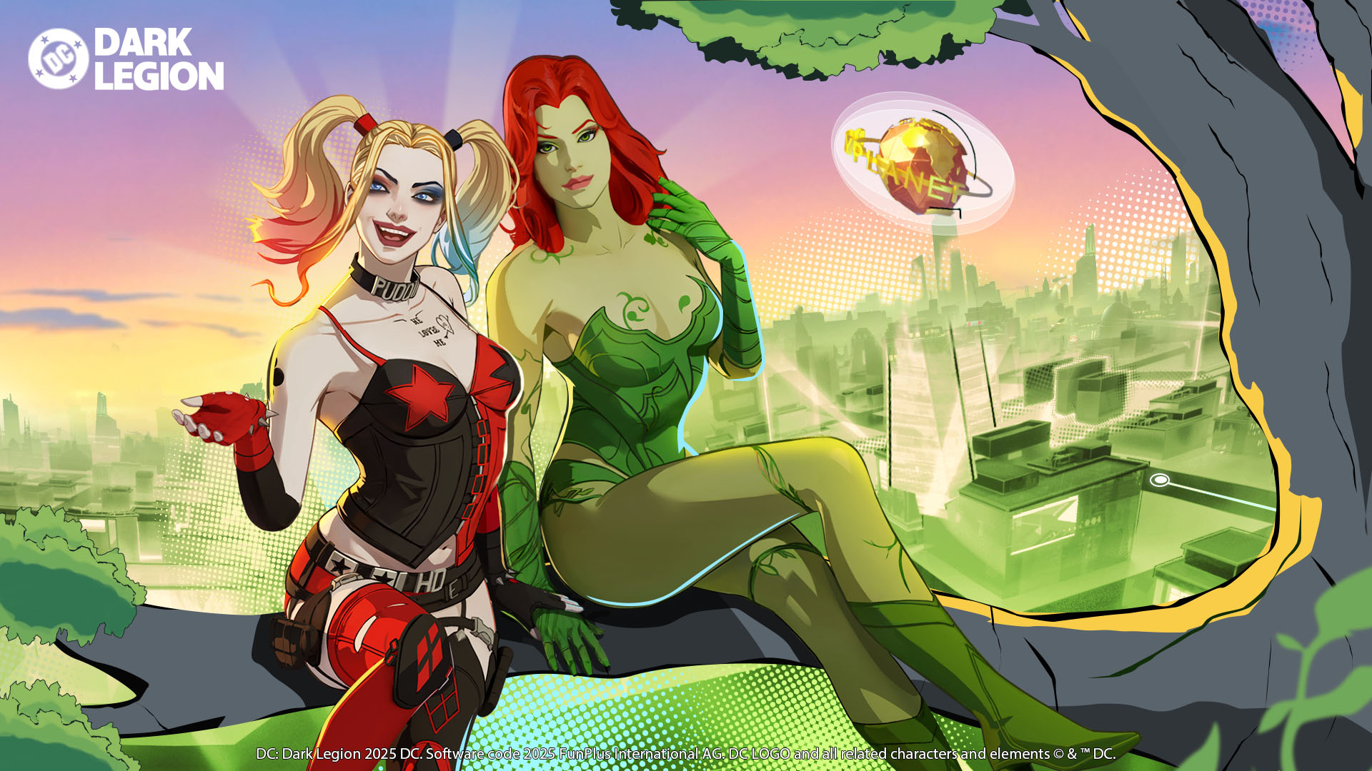 harley quinn, poison ivy, batman (series), dc comics, commentary, english commentary, highres, official art, 2girls, asymmetrical legwear, belt, blonde hair, blue eyes, body markings, boots, choker, colored skin, colored tips, crossed legs, dc: dark legion, fingerless gloves, gloves, green boots, green eyes, green gloves, green leotard, green skin, hand on another's hand, high heel boots, high heels, leotard, long sidelocks, makeup, mismatched legwear, multicolored hair, multiple girls, on tree, red hair, sidelocks, sitting, spaghetti strap, thighhighs, twintails