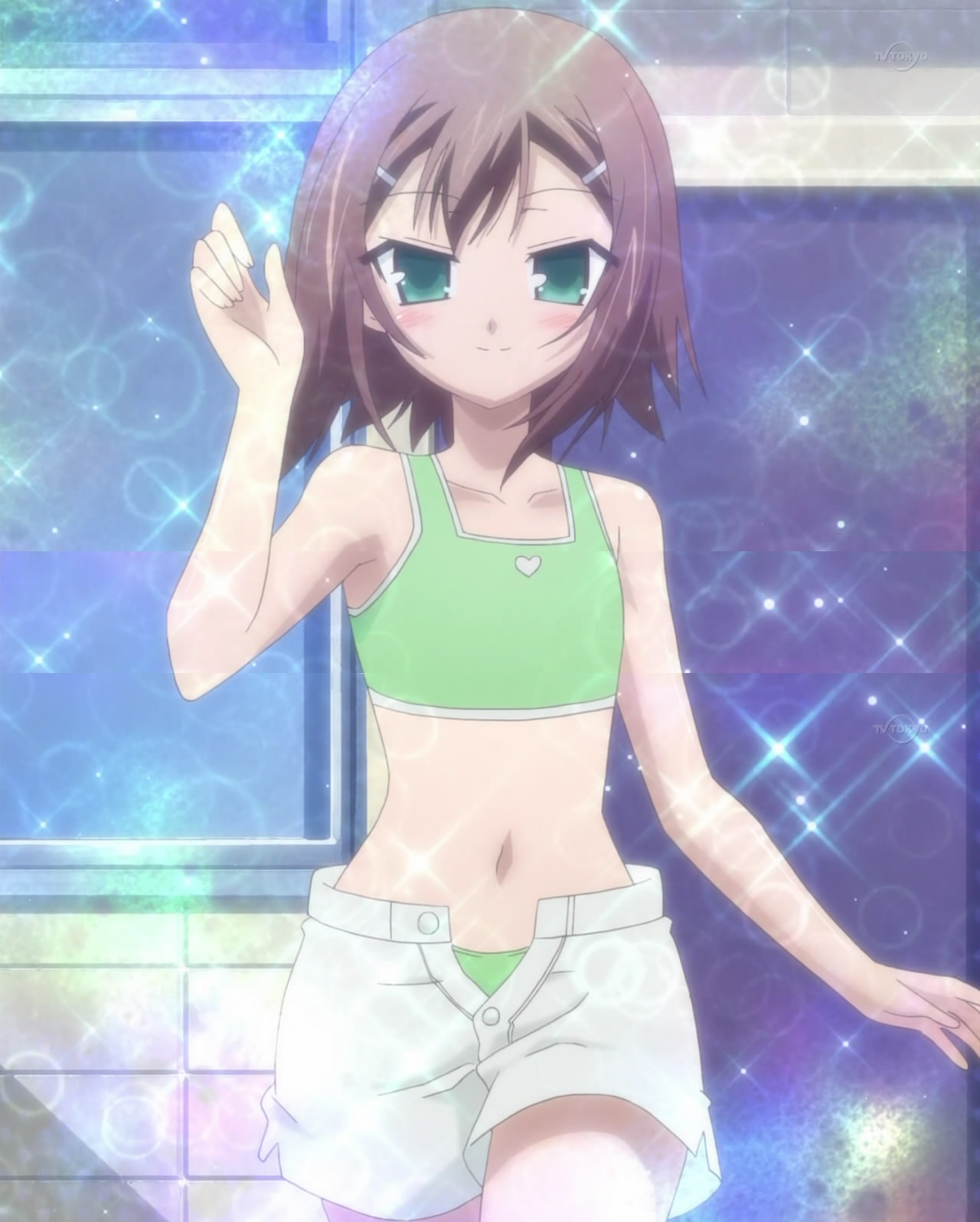 kinoshita hideyoshi, baka to test to shoukanjuu, anime screenshot, highres, stitched, third-party edit, 1boy, blush, brown hair, green eyes, hair ornament, hairclip, light smile, male focus, short hair, shorts, solo, swimsuit, trap