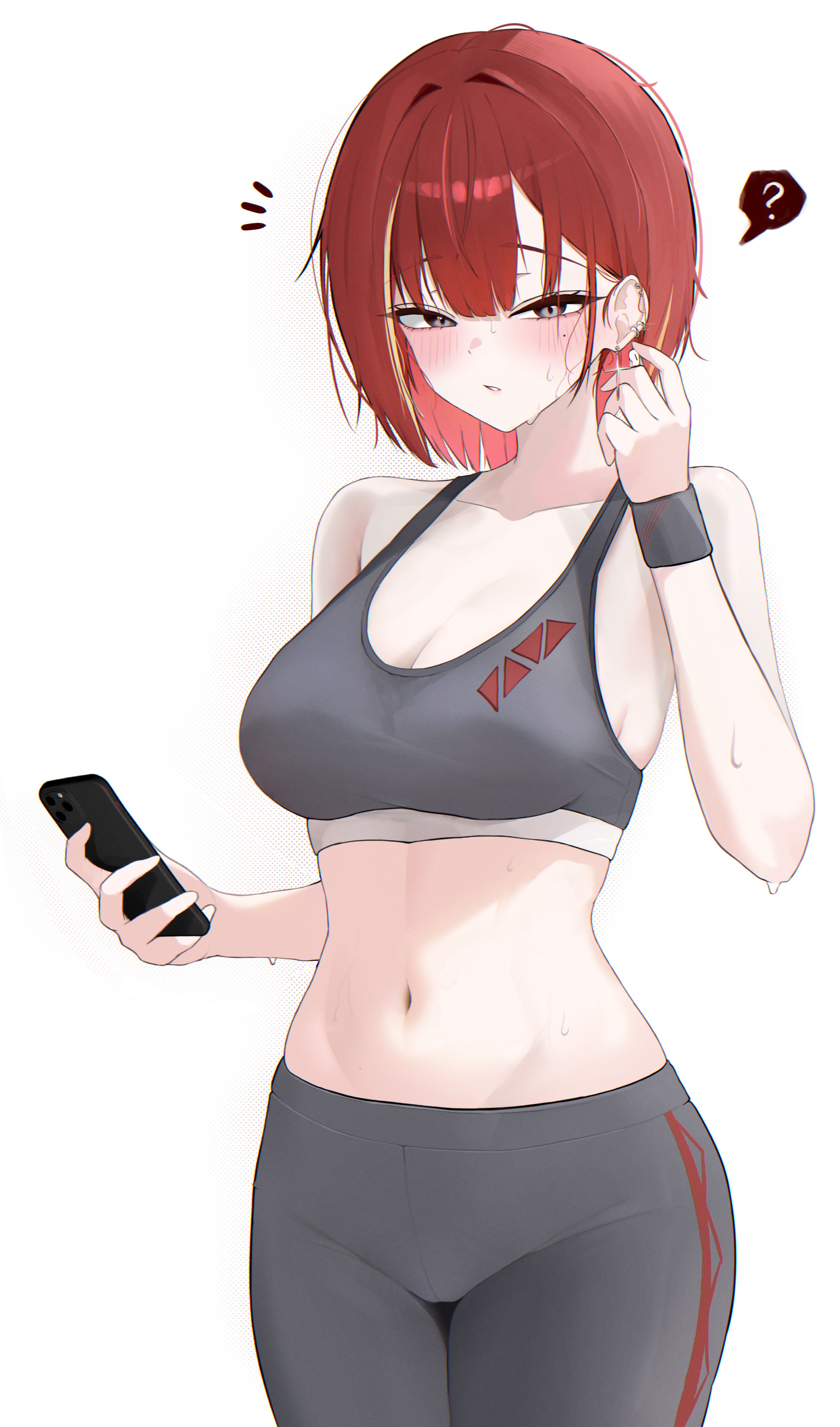 gamble 0, akane lize, stellive, absurdres, hashtag-only commentary, highres, 1girl, ?, blush, breasts, cellphone, choppy bangs, cleavage, cowboy shot, cross, cross earrings, earclip, earrings, grey eyes, grey pants, grey sports bra, hand up, holding, holding phone, jewelry, large breasts, mole, mole under eye, multicolored hair, navel, no shirt, notice lines, pants, parted lips, phone, red hair, short hair, simple background, smartphone, solo, speech bubble, spoken question mark, sports bra, standing, stomach, streaked hair, sweat, sweaty clothes, virtual youtuber, wet, wet hair, white background, white mouth, wristband, yoga pants