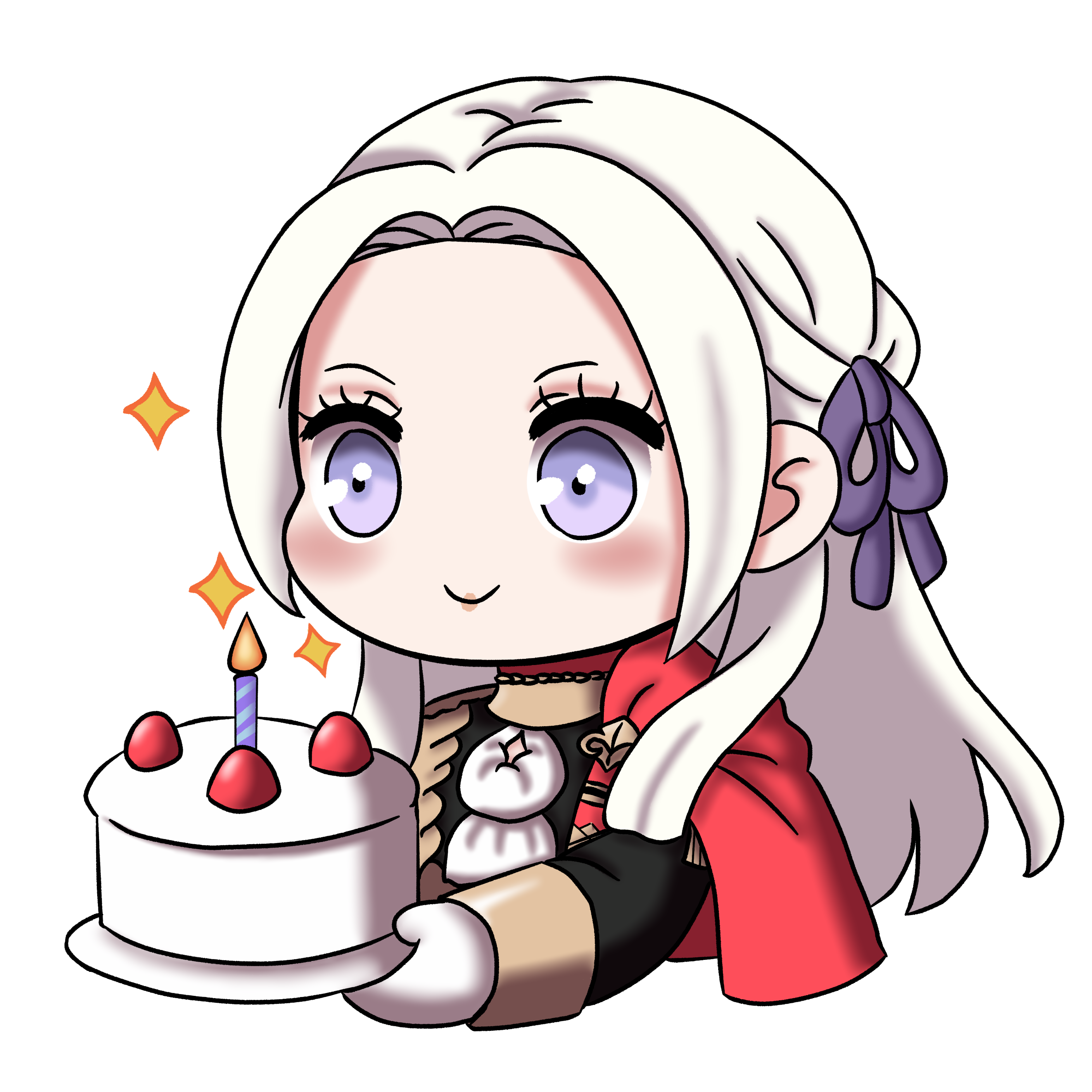 nekomoni, edelgard von hresvelg, fire emblem, fire emblem: three houses, nintendo, absurdres, highres, 1girl, birthday cake, blush, cake, cape, chibi, chibi only, fire, food, fruit, garreg mach monastery uniform, gloves, hair ribbon, happy birthday, holding, long hair, purple eyes, red cape, ribbon, side cape, smile, solo, strawberry, white hair