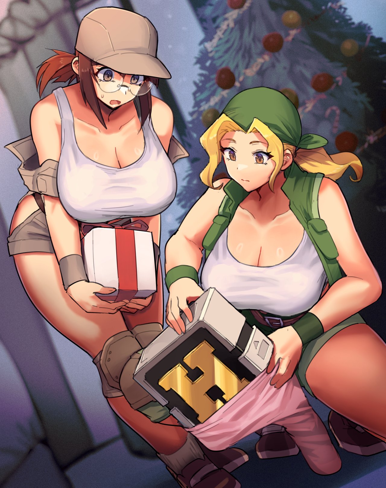 madsensei, fio germi, kasamoto eri, metal slug, commentary request, highres, 2girls, bandana, bare shoulders, belt, bent over, blonde hair, box, breasts, brown belt, brown hair, brown hat, brown shoes, brown shorts, brown vest, christmas, christmas tree, cleavage, closed mouth, collarbone, field cap, gift, gift box, glasses, green bandana, green vest, hat, holding, holding gift, huge breasts, knee pads, multiple girls, off shoulder, open clothes, open mouth, open vest, rimless eyewear, shoes, short shorts, shorts, small sweatdrop, squatting, standing, tank top, vest, white tank top