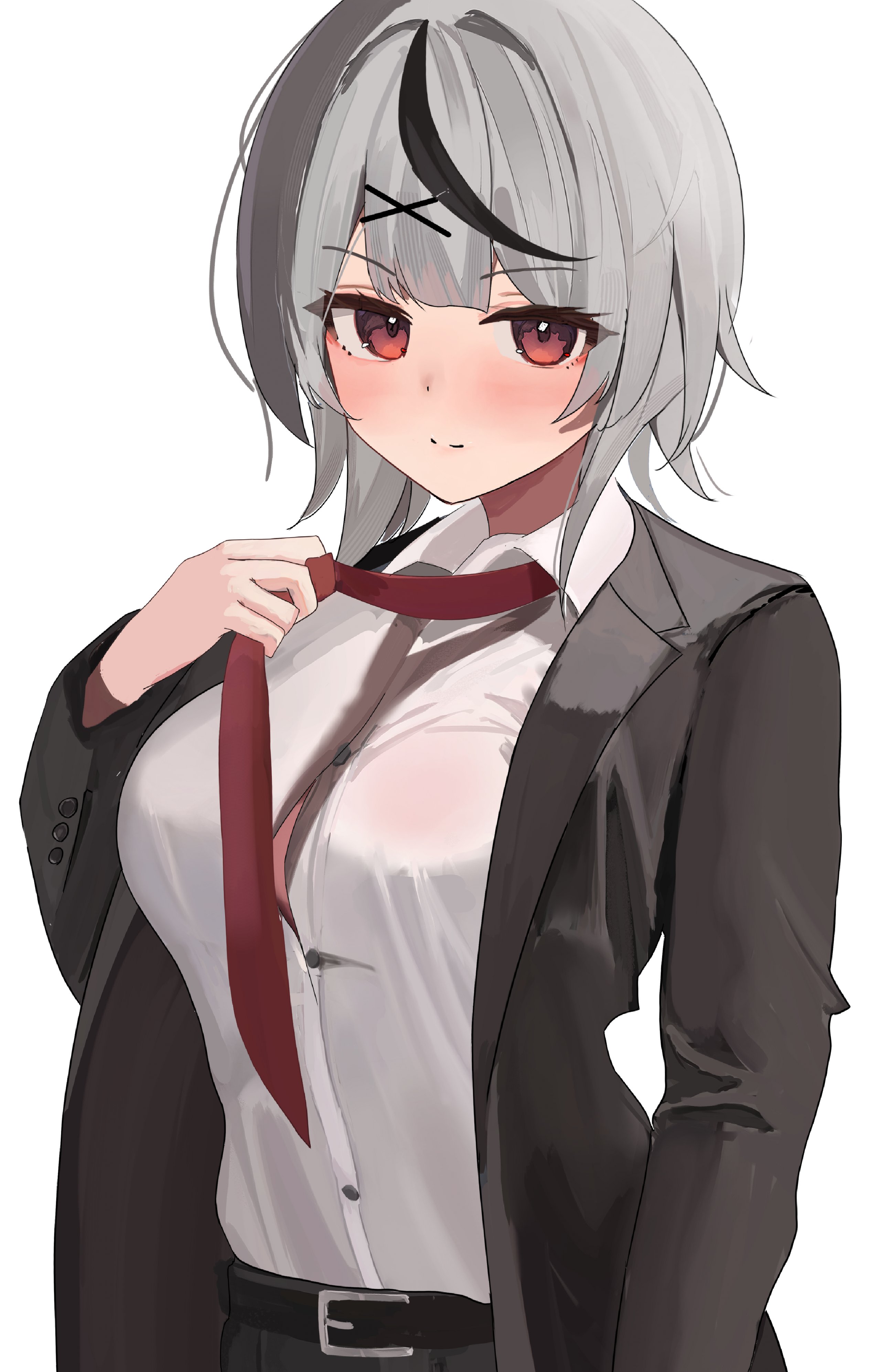 sasasa11070, sakamata chloe, hololive, absurdres, commentary, highres, 1girl, adjusting clothes, adjusting necktie, alternate costume, belt, black belt, black hair, black jacket, black pants, blush, breasts, button gap, closed mouth, collared shirt, formal clothes, grey hair, hair ornament, jacket, large breasts, long sleeves, looking at viewer, medium hair, multicolored hair, necktie, open clothes, open jacket, pants, red eyes, red necktie, shirt, short hair, simple background, solo, streaked hair, suit, upper body, virtual youtuber, white background, white shirt, x hair ornament
