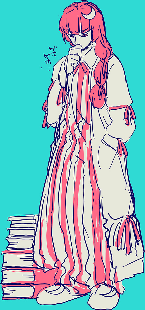 yumiya, patchouli knowledge, touhou, striped, 1boy, book, braid, crescent, crescent hair ornament, dress, genderswap, genderswap (ftm), gown, hair ornament, hair ribbon, long hair, male focus, monochrome, ribbon, slippers, solo