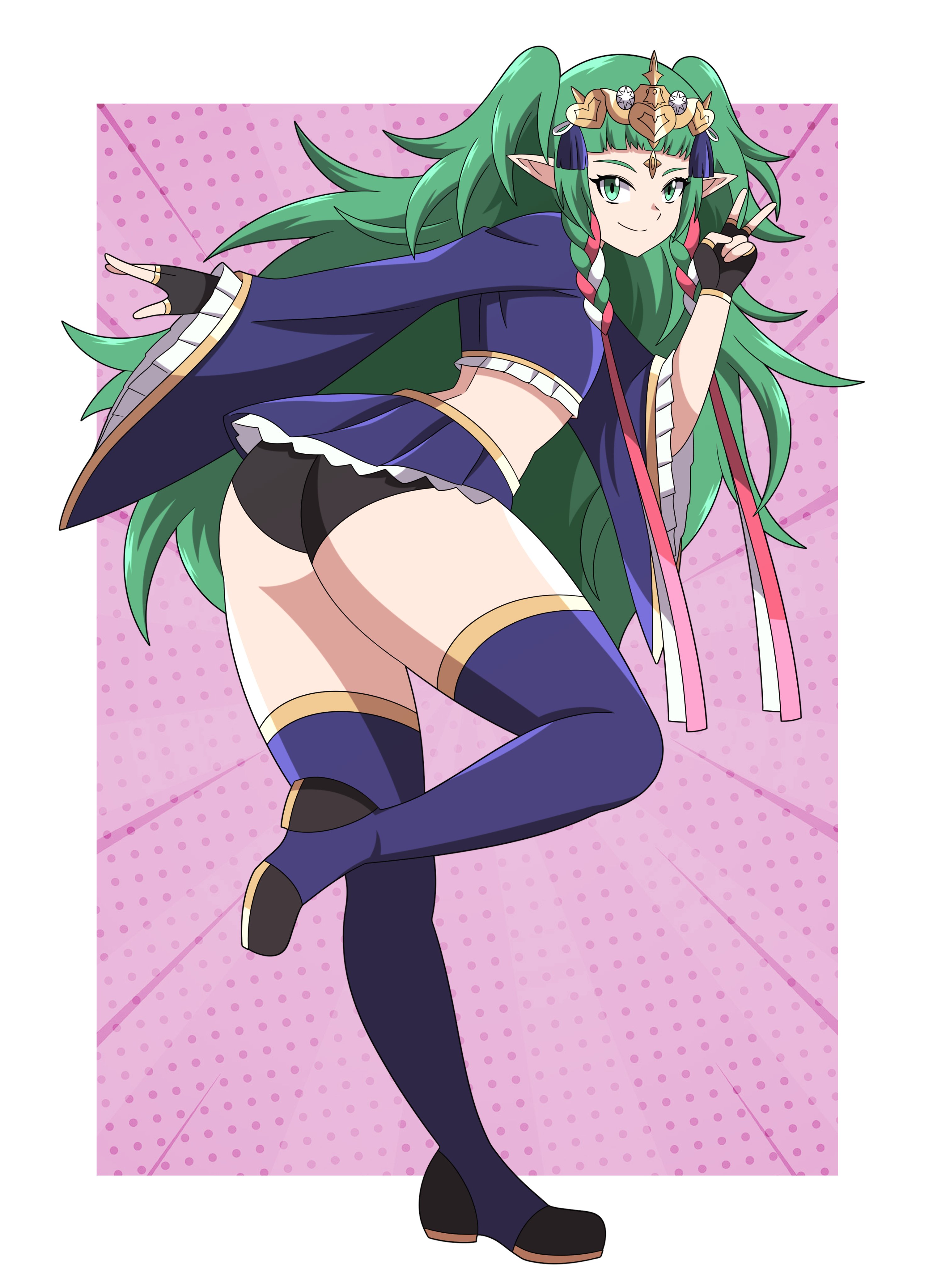 abysswatchers, sothis (fire emblem), fire emblem, fire emblem: three houses, nintendo, absurdres, highres, 1girl, adapted costume, alternate costume, ass, black gloves, black panties, blue skirt, blue thighhighs, boots, braid, crop top, fingerless gloves, gloves, green eyes, green hair, long sleeves, looking at viewer, microskirt, midriff, motion lines, multicolored boots, multiple hair ribbons, panties, pink background, pointy ears, red ribbon, ribbon, school uniform, skirt, smile, solo, thigh boots, thighhighs, thighs, tiara, two-tone boots, underwear, v, white ribbon