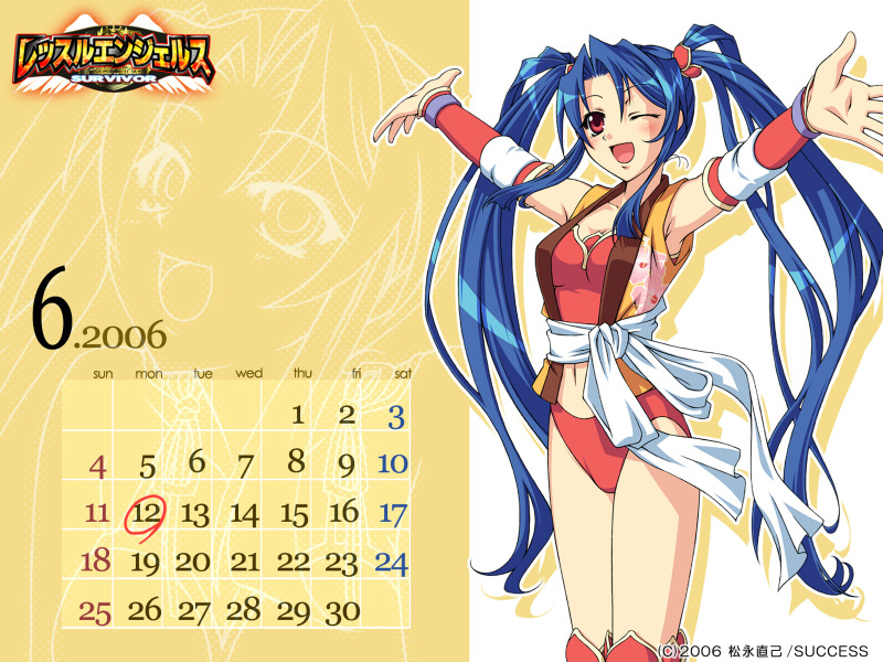 yasaka minato, dolphin hayase, hal, wrestle angels, wrestle angels survivor, 00s, 1girl, 2006, blue hair, blush, boots, breasts, calendar, cleavage, collarbone, female focus, hair ornament, jacket, june, long hair, medium breasts, midriff, navel, one eye closed, open mouth, panties, red boots, red eyes, red panties, red shirt, shirt, sleeveless, sleeveless jacket, sleeveless shirt, smile, solo, twintails, underwear, yellow jacket