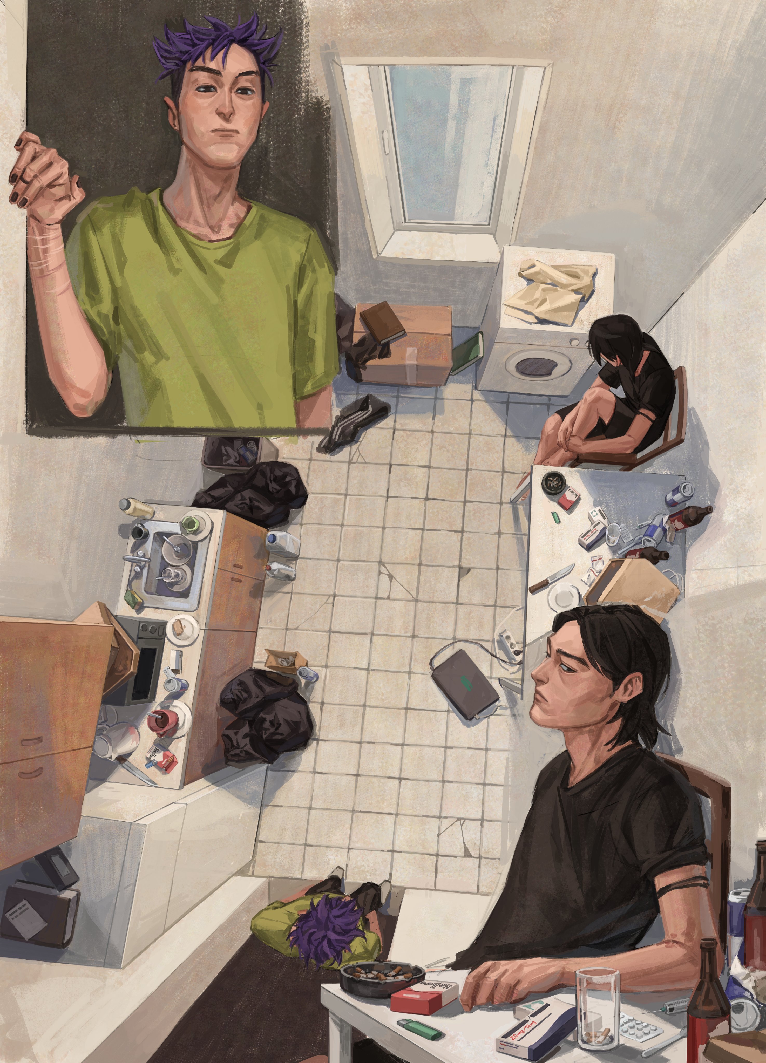 squid game, absurdres, commentary, english commentary, highres, 2boys, ashtray, black shirt, bottle, can, chair, cigarette pack, computer, drink can, drugs, elbow rest, from above, full body, green shirt, kitchen, knee up, knife, laptop, male focus, multiple boys, multiple views, nam-gyu, purple hair, sadbuttruedog02, self-harm, self-harm scar, shirt, sitting, standing, syringe, t-shirt, thanos (squid game), trash bag, wrist cutting