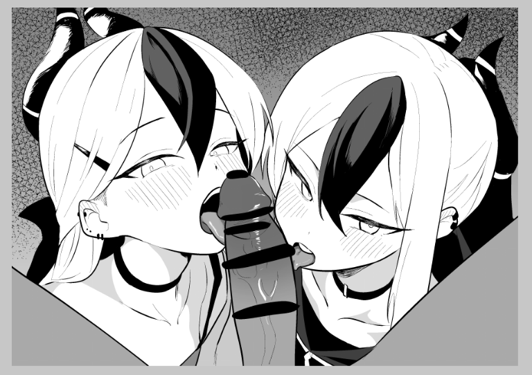 toriko (honmono), kayoko (blue archive), blue archive, commentary request, 1boy, 2girls, bar censor, blush, censored, choker, cooperative fellatio, ear blush, fellatio, ffm threesome, greyscale, group sex, hair between eyes, horns, licking, licking penis, long hair, looking at viewer, monochrome, multiple girls, open mouth, oral, penis, pov, teamwork (sexual), threesome, tongue, tongue out
