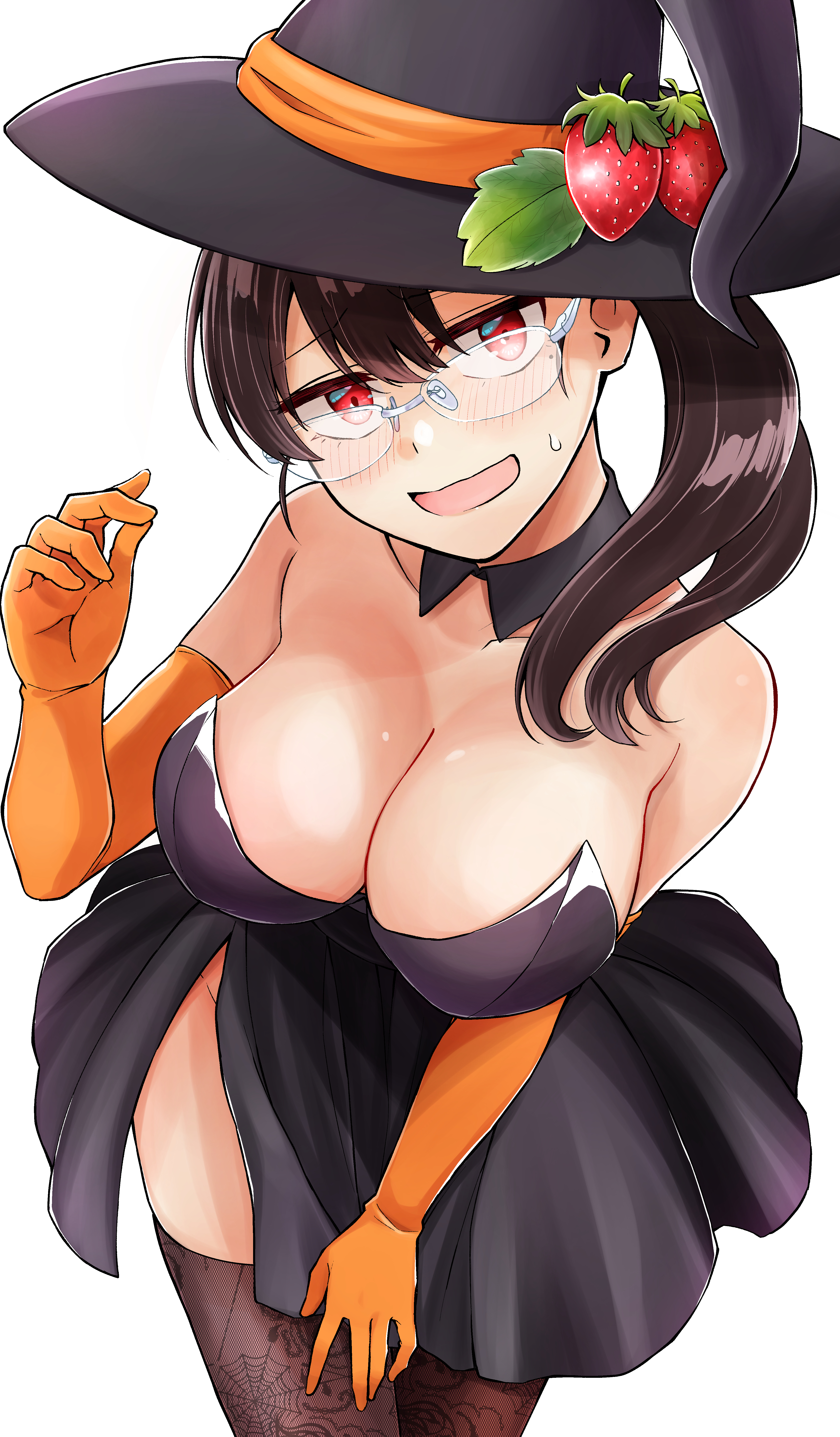 orange lili, original, absurdres, commentary request, highres, 1girl, bare shoulders, black dress, blush, breasts, brown hair, brown pantyhose, cleavage, cowboy shot, detached collar, dress, elbow gloves, food, fruit, glasses, gloves, hat, holding, large breasts, long hair, open mouth, orange gloves, pantyhose, red eyes, side slit, simple background, solo, strapless, strapless dress, strawberry, sweat, unworn eyewear, white background, witch, witch hat