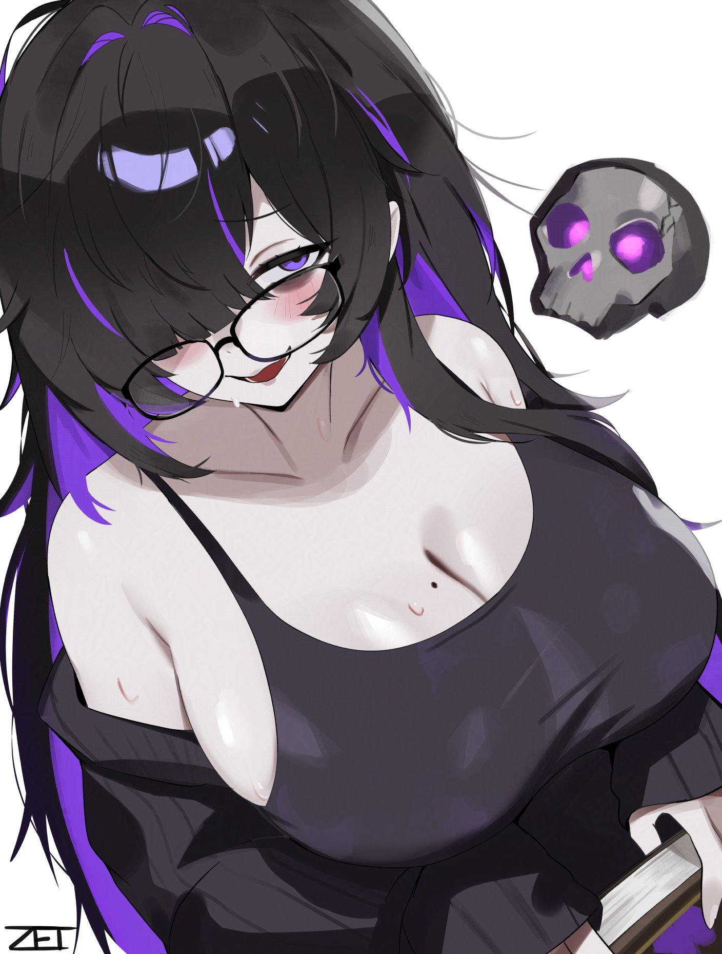 zet (twt zet), label (nikke), goddess of victory: nikke, commentary, english commentary, highres, 1girl, artist name, bags under eyes, black-framed eyewear, black hair, breasts, cleavage, colored inner hair, dress, floating skull, grey background, large breasts, long hair, mole, mole on breast, multicolored hair, nervous smile, open mouth, purple eyes, purple hair, simple background, smile, solo, taut clothes, taut dress, upper body