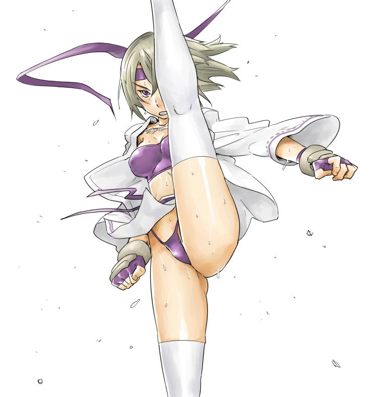 donash, ooyama rin, atlus, gouketsuji ichizoku, 1girl, breasts, covered erect nipples, female focus, fingerless gloves, gloves, headband, kicking, medium breasts, midriff, solo, sweat, thighhighs