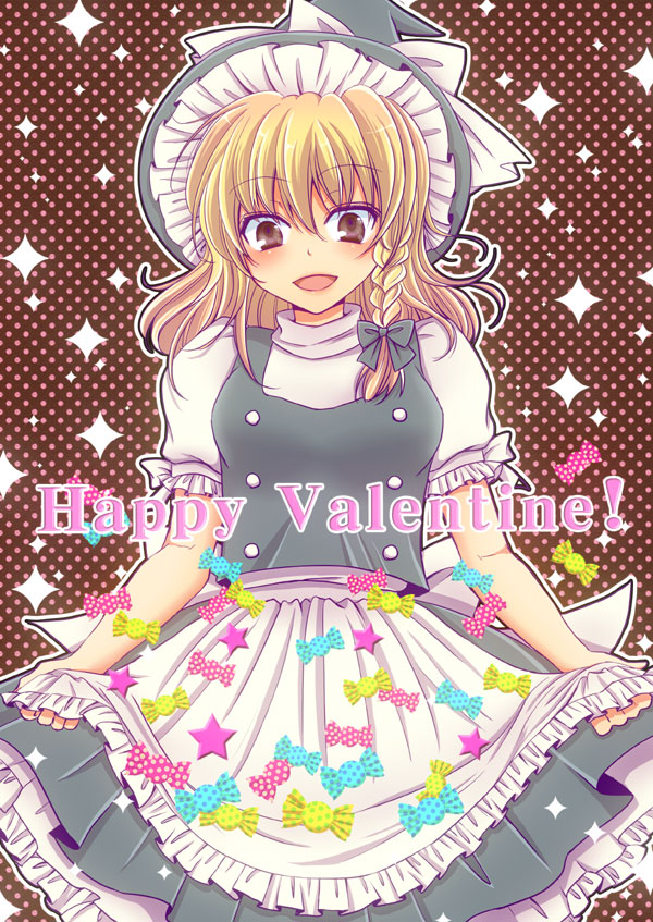 kasuga (kasuga1203), kirisame marisa, touhou, 1girl, blonde hair, candy, female focus, food, happy valentine, hat, ribbon, skirt basket, solo, star (symbol), valentine, witch, witch hat