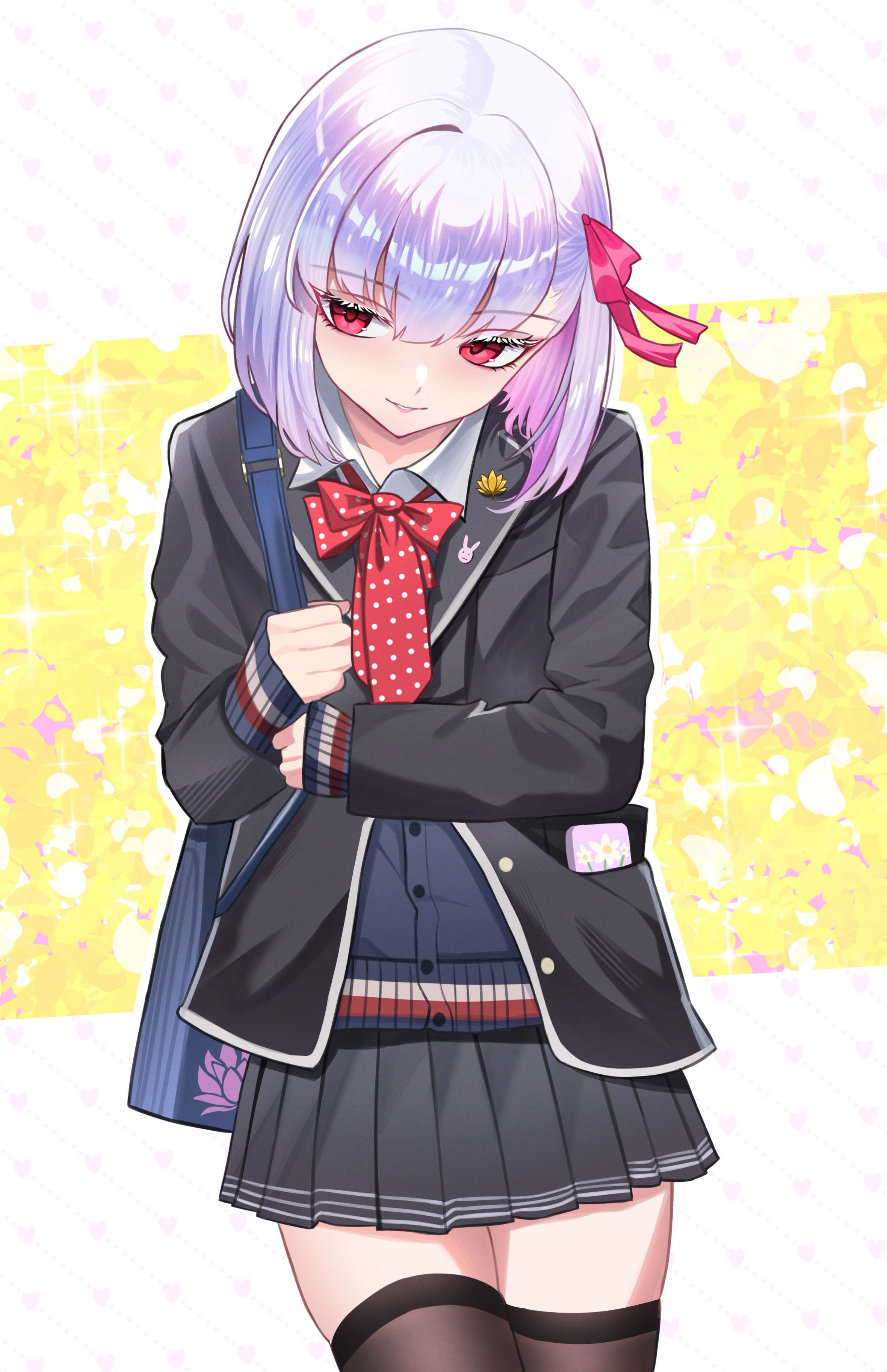 kaworu13, kama (fate), fate/grand order, fate (series), absurdres, commentary, highres, symbol-only commentary, 1girl, alternate costume, bag, black jacket, bow, bowtie, cellphone, colored inner hair, hair ribbon, jacket, multicolored hair, phone, pink hair, red bow, red bowtie, red eyes, ribbon, school uniform, short hair, shoulder bag, skindentation, skirt, smartphone, sweater, thighhighs, thighs, white hair, zettai ryouiki