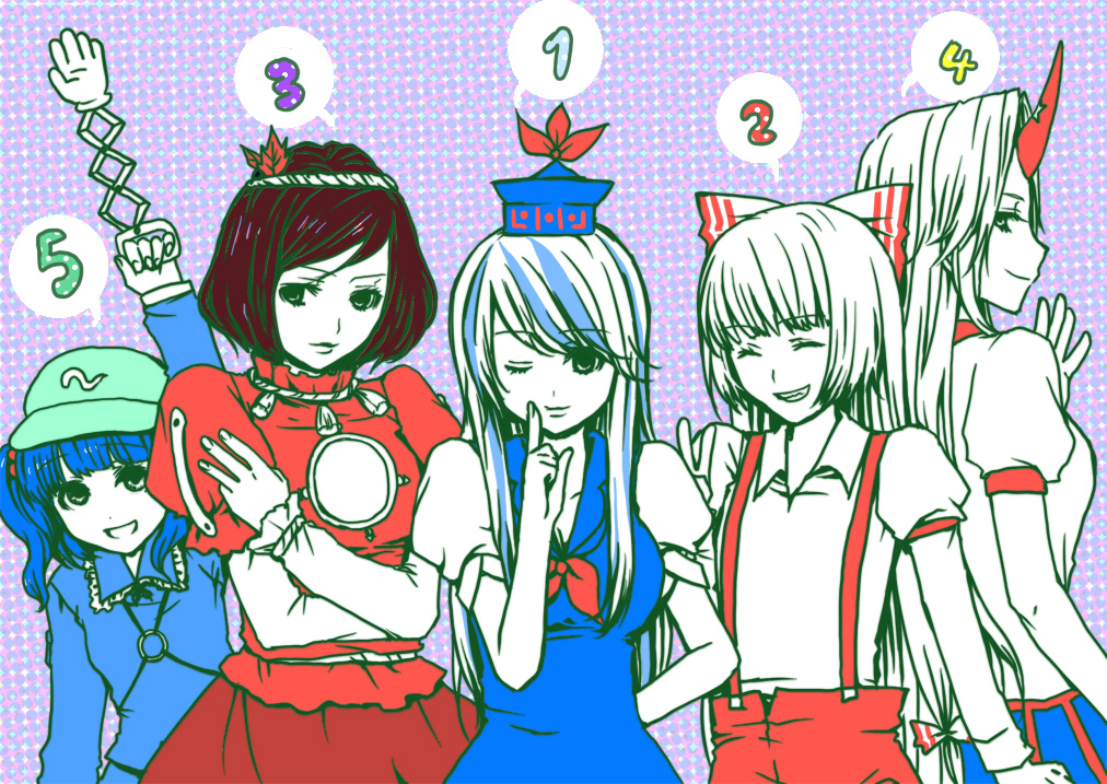 mif, fujiwara no mokou, hoshiguma yuugi, kamishirasawa keine, kawashiro nitori, yasaka kanako, touhou, 5girls, arm up, blue hair, bow, closed eyes, female focus, grin, hair bow, hat, horns, long hair, multicolored hair, multiple girls, one eye closed, open mouth, partially colored, profile, rope, short hair, short sleeves, single horn, smile, suspenders, twintails, two side up, v, wink