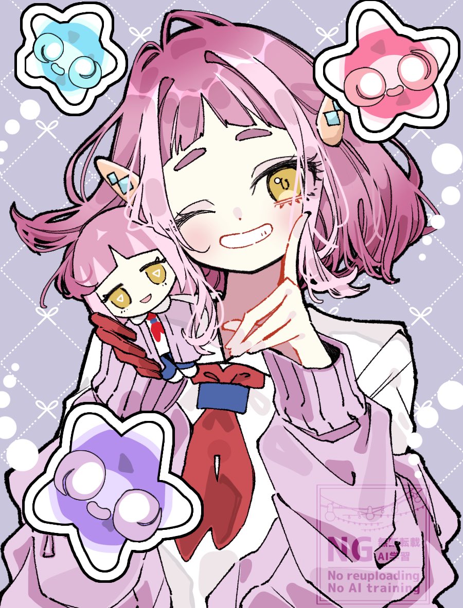 ino climate, lacey (pokemon), minior, minior (core), nintendo, pokemon, pokemon sv, commentary request, 1girl, arched bangs, cardigan, character doll, doll, gen 7 pokemon, gloves, grin, hair ornament, hairclip, long sleeves, looking at viewer, neckerchief, one eye closed, pink cardigan, pink hair, pokemon (creature), purple background, red gloves, red neckerchief, shirt, short hair, simple background, single glove, smile, upper body, white shirt, yellow eyes