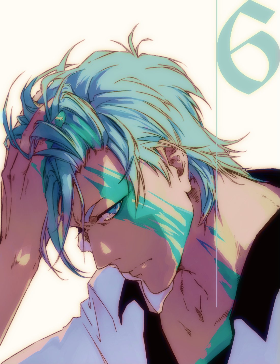 peppertea, grimmjow jaegerjaquez, bleach, highres, 1boy, arrancar, blue eyes, blue hair, broken mask, close-up, collared jacket, hand in own hair, jacket, looking at viewer, male focus, mask, paint on hands, paint splatter, paint splatter on face, solo