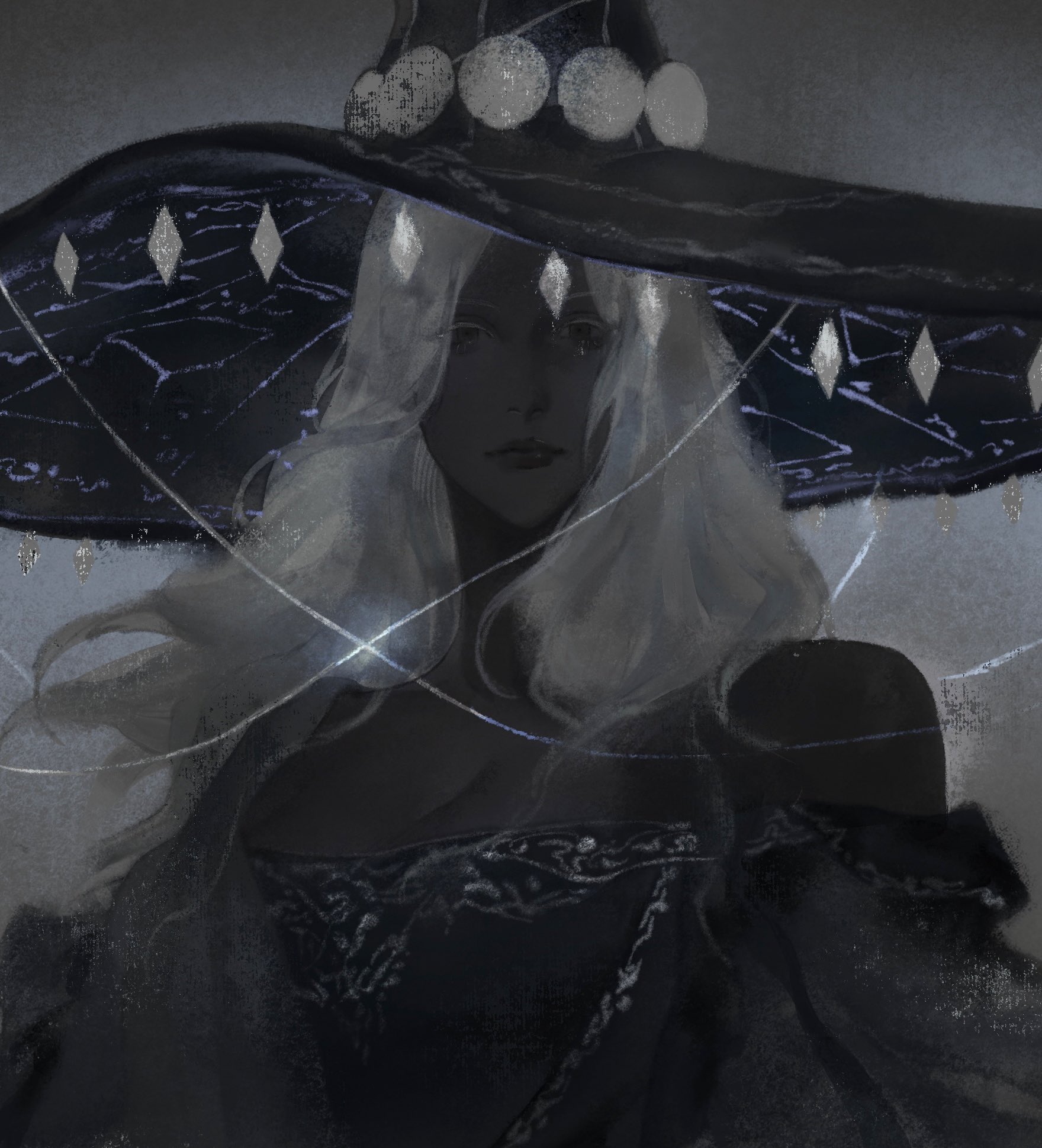 llalilalita, recluse (elden ring), elden ring, elden ring nightreign, commentary, highres, symbol-only commentary, 1girl, bare shoulders, black skin, breasts, cleavage, colored eyelashes, colored skin, constellation print, curtained hair, expressionless, grey background, grey eyes, hat, large breasts, large hat, lips, long hair, looking at viewer, official alternate costume, ornate clothes, solo, upper body, white eyelashes, white hair, witch hat