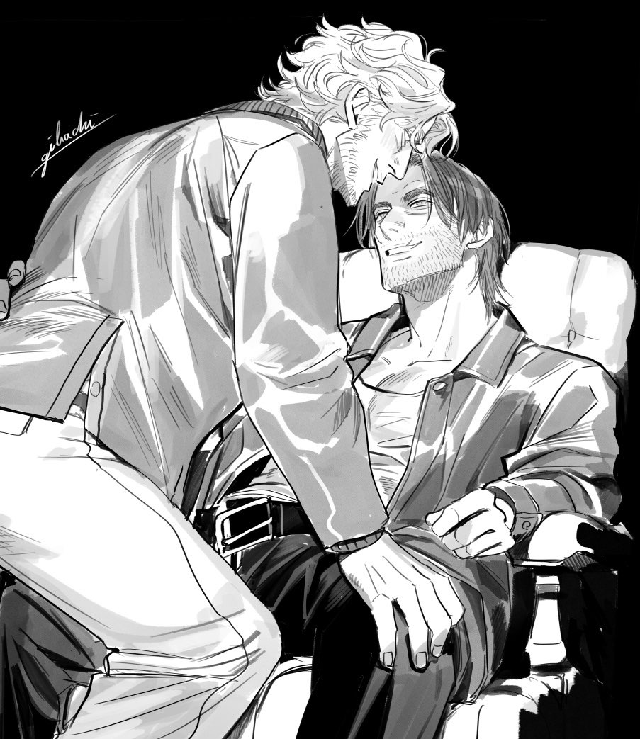 curly (mouthwashing), curly (pre-crash) (mouthwashing), jimmy (mouthwashing), mouthwashing, commentary request, 2boys, beard stubble, belt, black background, chair, collared jacket, eye contact, facial hair, gibachi nich, greyscale, grin, hand on another's back, hand on another's knee, jacket, looking at another, male focus, monochrome, multiple boys, open clothes, open jacket, pants, parted hair, scoop neck, shirt, short hair, sitting, smile, stubble, wavy hair, yaoi