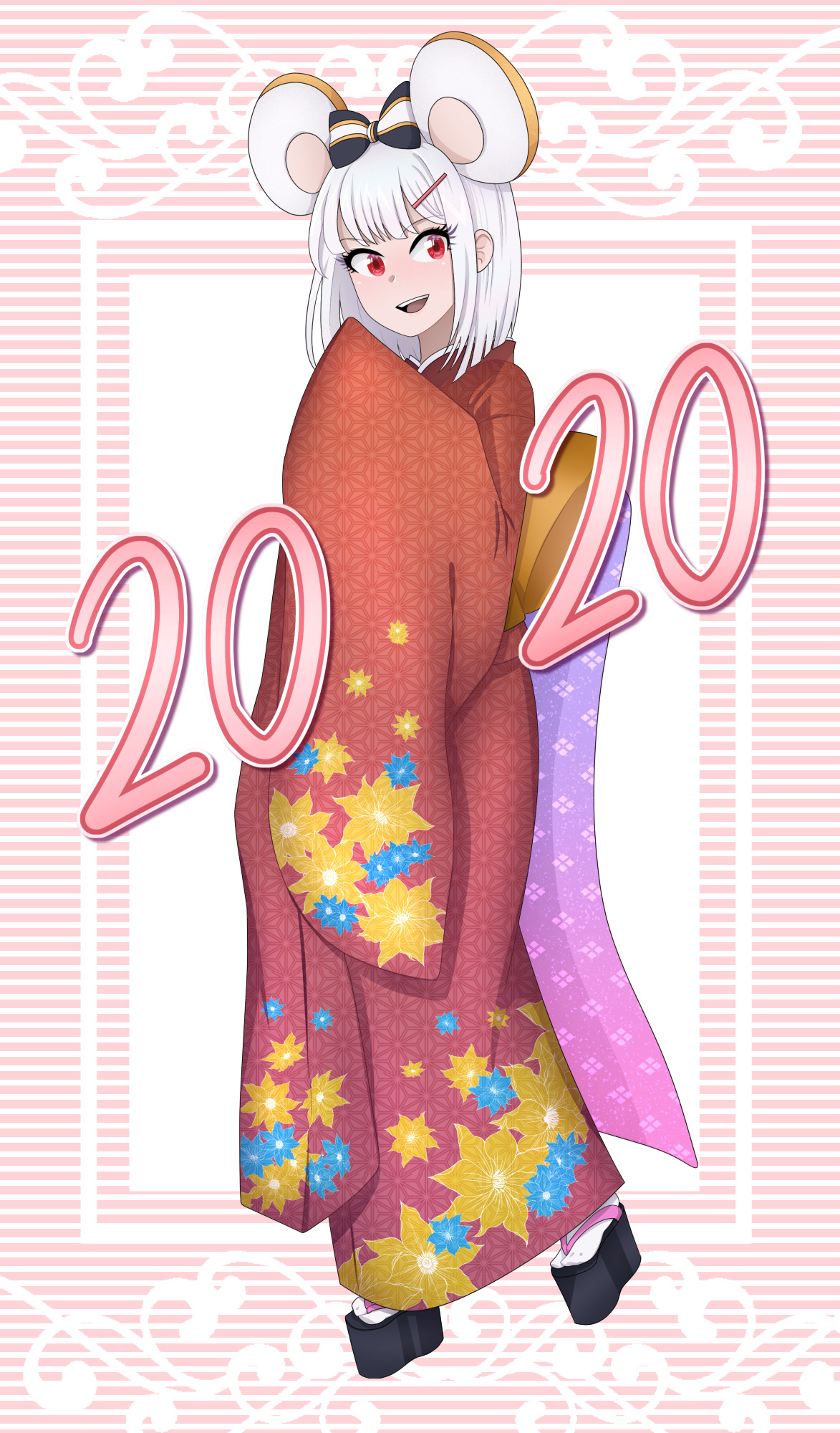 gallaxi, vikala (granblue fantasy), granblue fantasy, 1girl, 2020, animal ears, black bow, black sandals, bow, chinese zodiac, floral print, full body, hair bow, hair ornament, hairclip, japanese clothes, kimono, looking to the side, mouse ears, mouse girl, open mouth, red eyes, red kimono, sandals, short hair, solo, striped background, teeth, upper teeth only, white hair, year of the rat