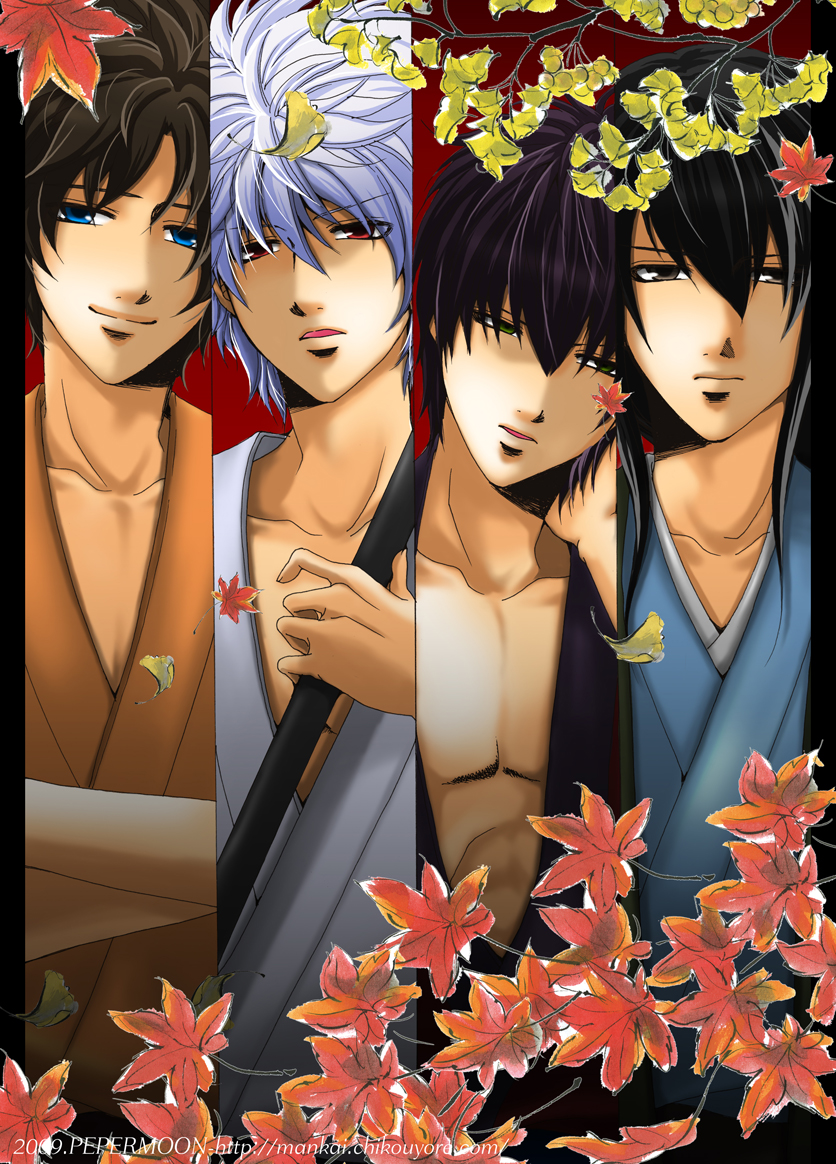 riku-maru, katsura kotarou, sakamoto tatsuma, sakata gintoki, takasugi shinsuke, gintama, bad id, bad pixiv id, 4boys, black hair, blue eyes, brown eyes, brown hair, green eyes, joui, male focus, multiple boys, purple hair, red eyes