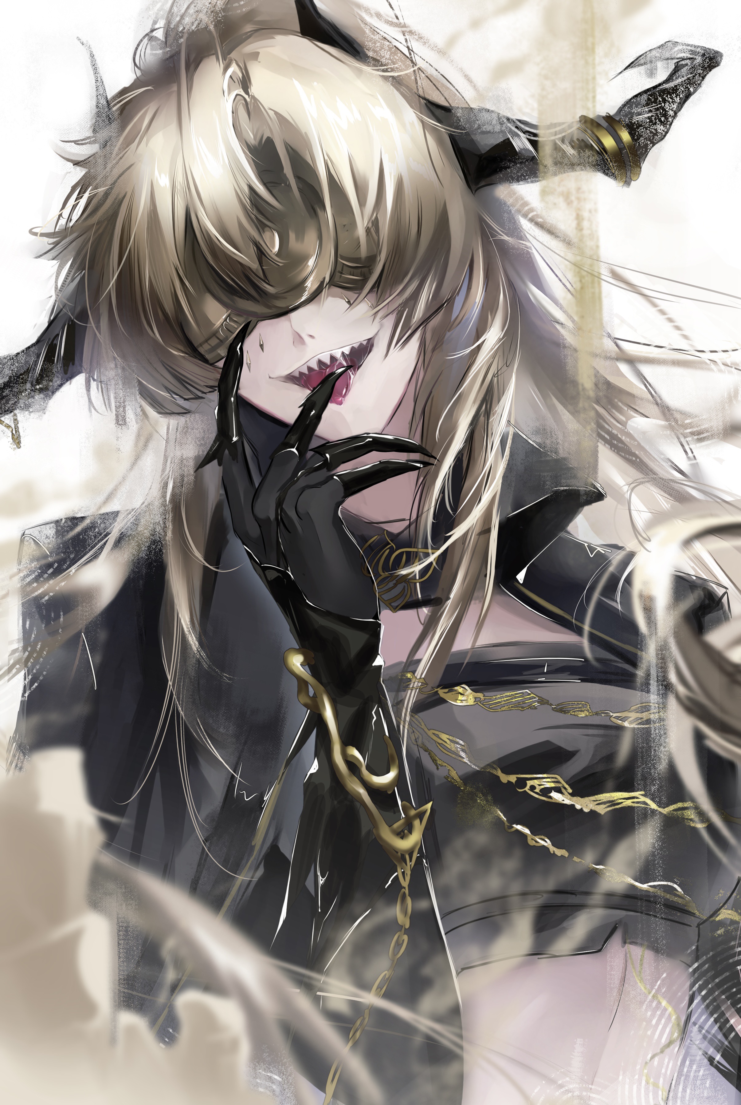 ko no maoyu da, synex (path to nowhere), path to nowhere, absurdres, chinese commentary, commentary request, highres, 1girl, blindfold, blonde hair, hand up, horns, licking, licking finger, sharp teeth, solo, teeth, upper body
