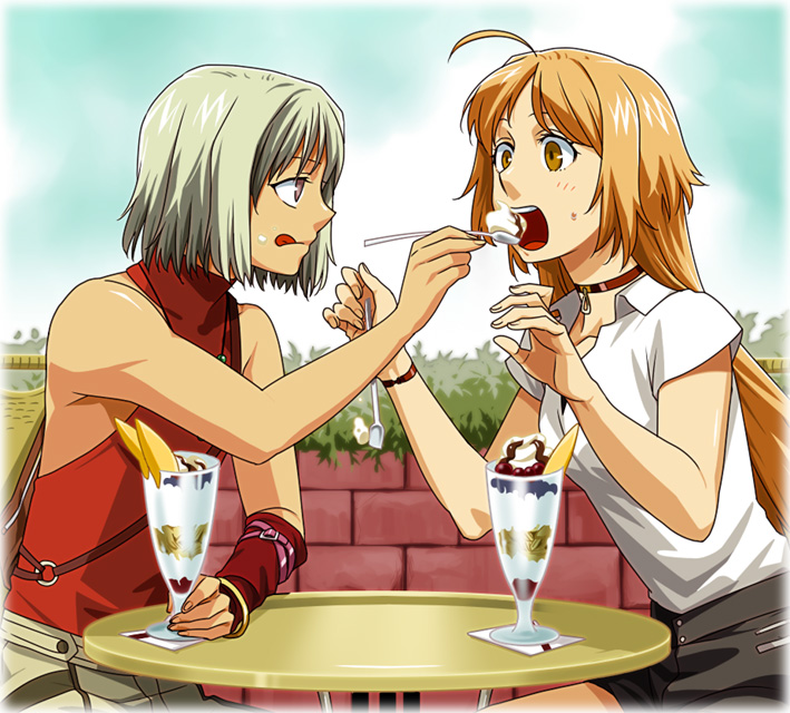 mori (unknown.), canaan (character), oosawa maria, 428, 428: fuusa sareta shibuya de, canaan (series), chunsoft, 2girls, ahoge, androgynous, bare shoulders, blonde hair, brown eyes, feeding, flat chest, food, ice cream, long hair, multiple girls, open mouth, short hair, sleeveless, sleeveless turtleneck, spoon, tongue, turtleneck