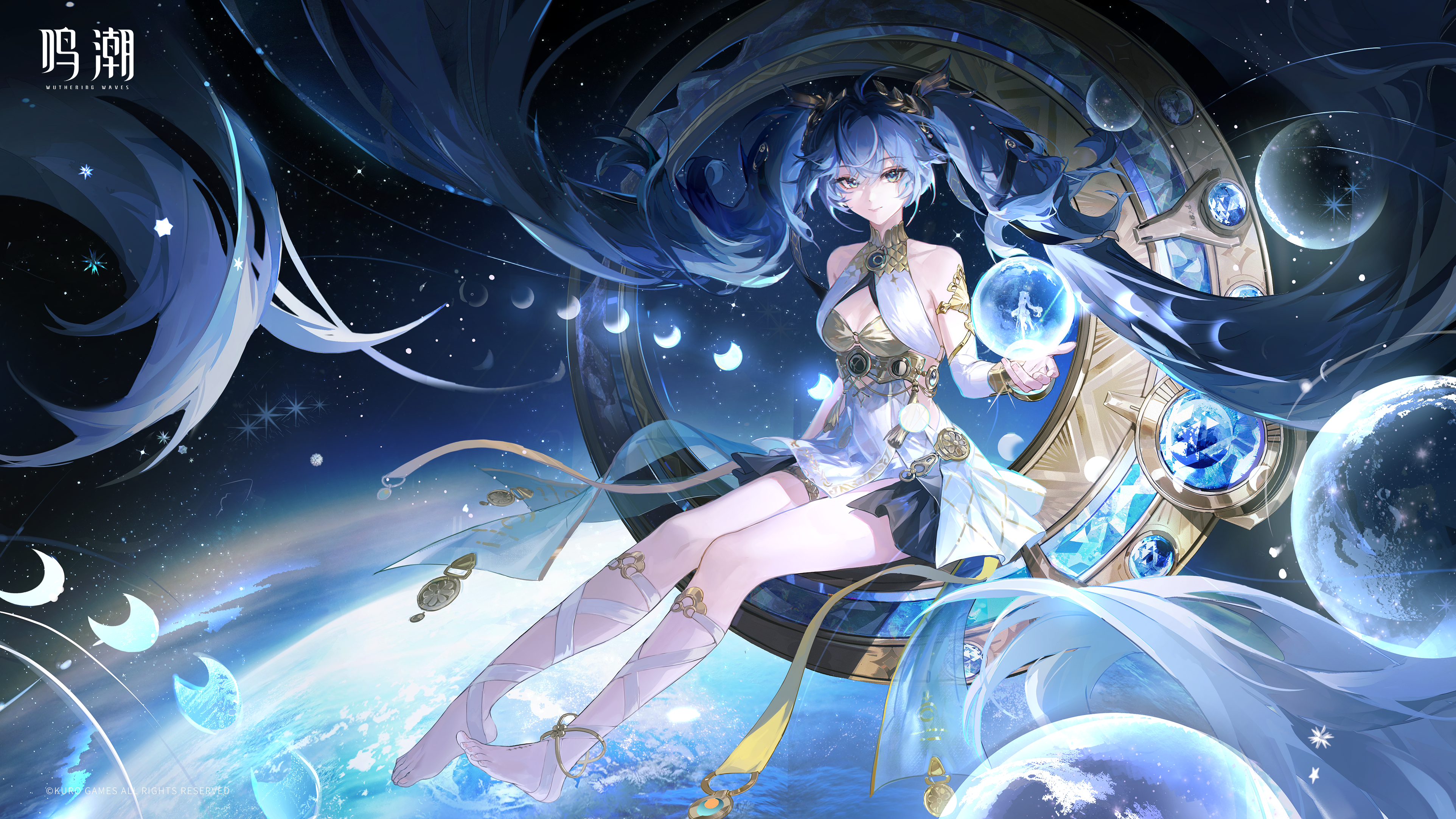 iuno (wuthering waves), wuthering waves, absurdres, highres, 1girl, ancient greek clothes, armlet, bare shoulders, barefoot, black skirt, blue eyes, blue hair, breasts, cleavage, closed mouth, gold bra, greco-roman clothes, hand up, jewelry, laurel crown, leg wrap, logo, looking at viewer, medium breasts, missing commentary, multicolored hair, orb, showgirl skirt, skirt, solo, space, streaked hair, twintails
