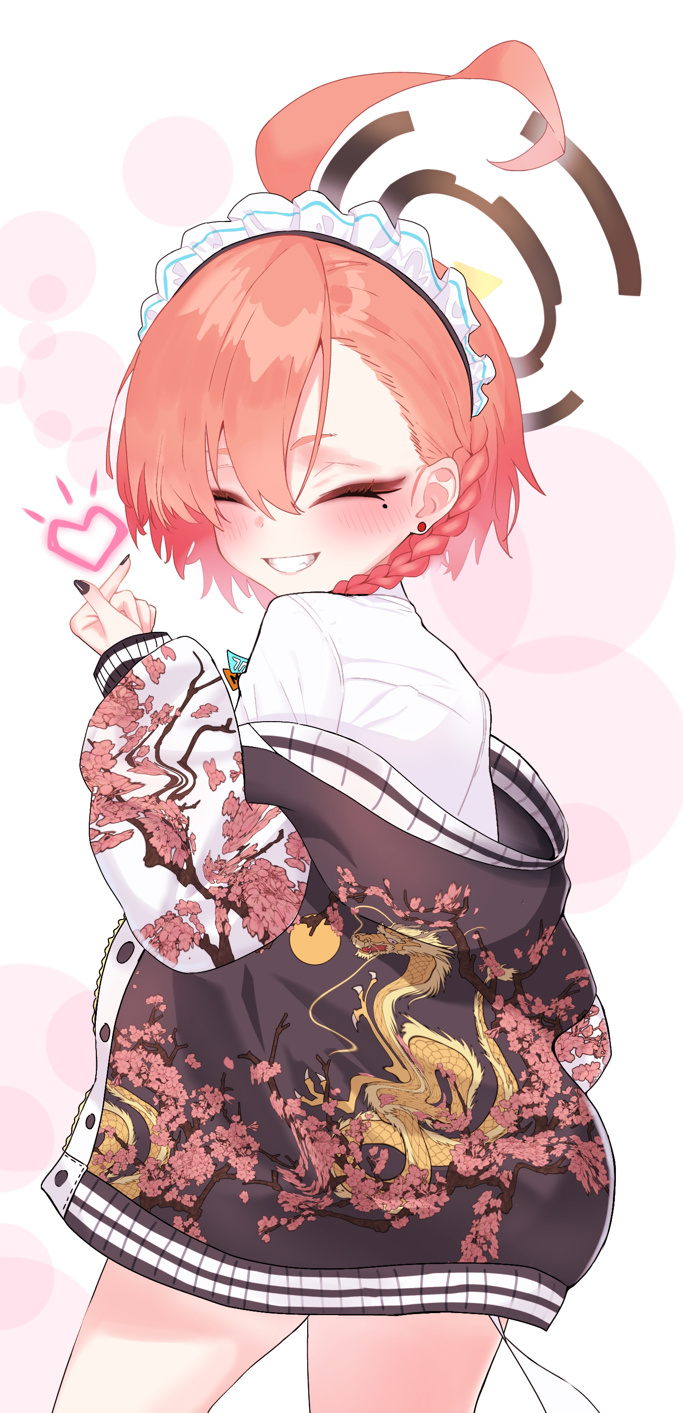 warabi mochi (w4rabimochi), neru (blue archive), blue archive, absurdres, commentary request, highres, ^ ^, ahoge, asymmetrical bangs, black nails, blush, braid, closed eyes, earrings, finger heart, fingernails, grin, halo, heart, huge ahoge, jacket, jacket partially removed, jewelry, maid headdress, mole, mole under eye, nail polish, orange hair, shirt, short hair, simple background, single braid, smile, stud earrings, sukajan, thighs, white background, white shirt