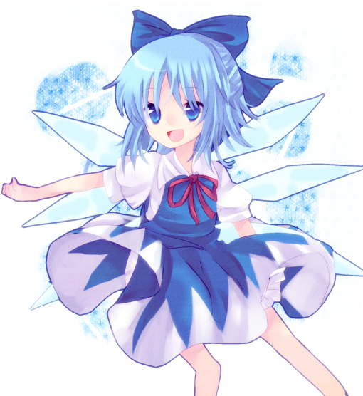 nonaka, cirno, embodiment of scarlet devil, touhou, bad id, bad pixiv id, 1girl, blouse, blue eyes, blue hair, collared shirt, dress, female focus, ice, matching hair/eyes, pinafore dress, shirt, sleeveless, sleeveless dress, solo, white shirt