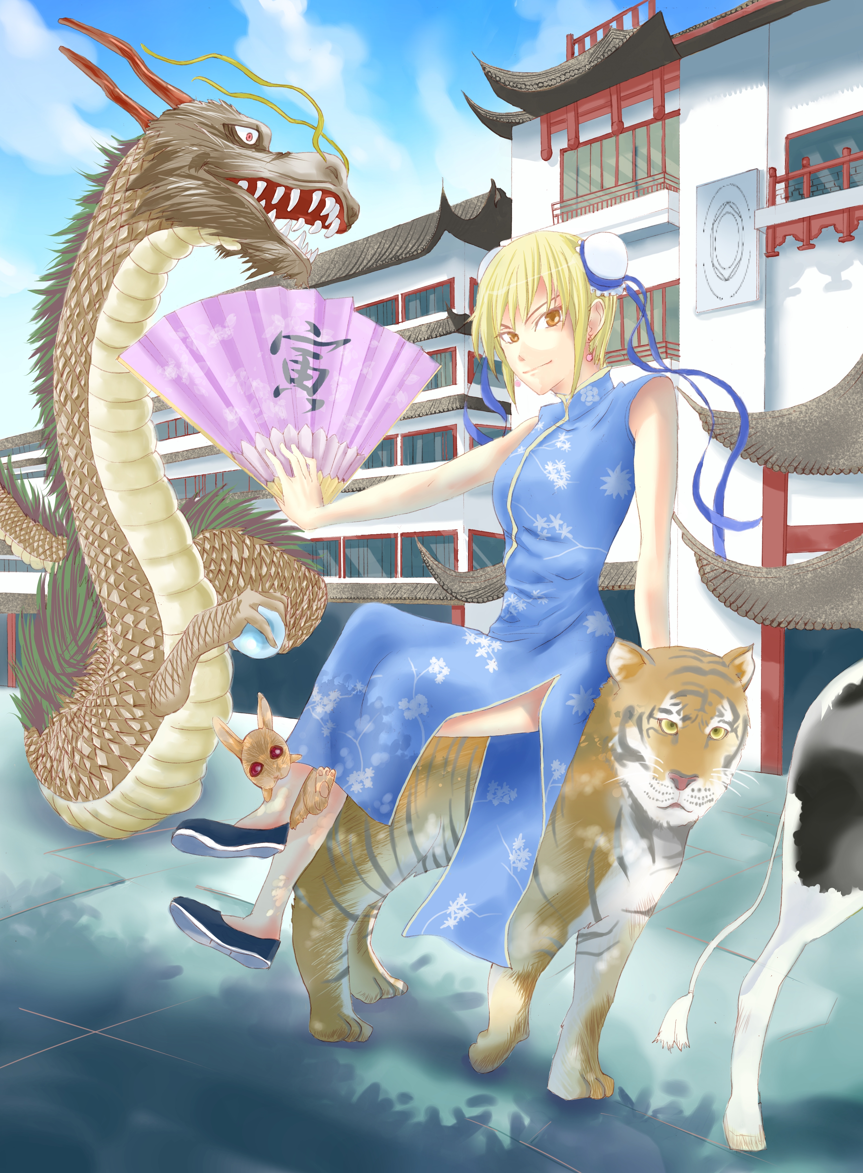 original, absurdres, artist request, highres, blonde hair, china, chinese clothes, cow, dragon, hand fan, rabbit, tiger