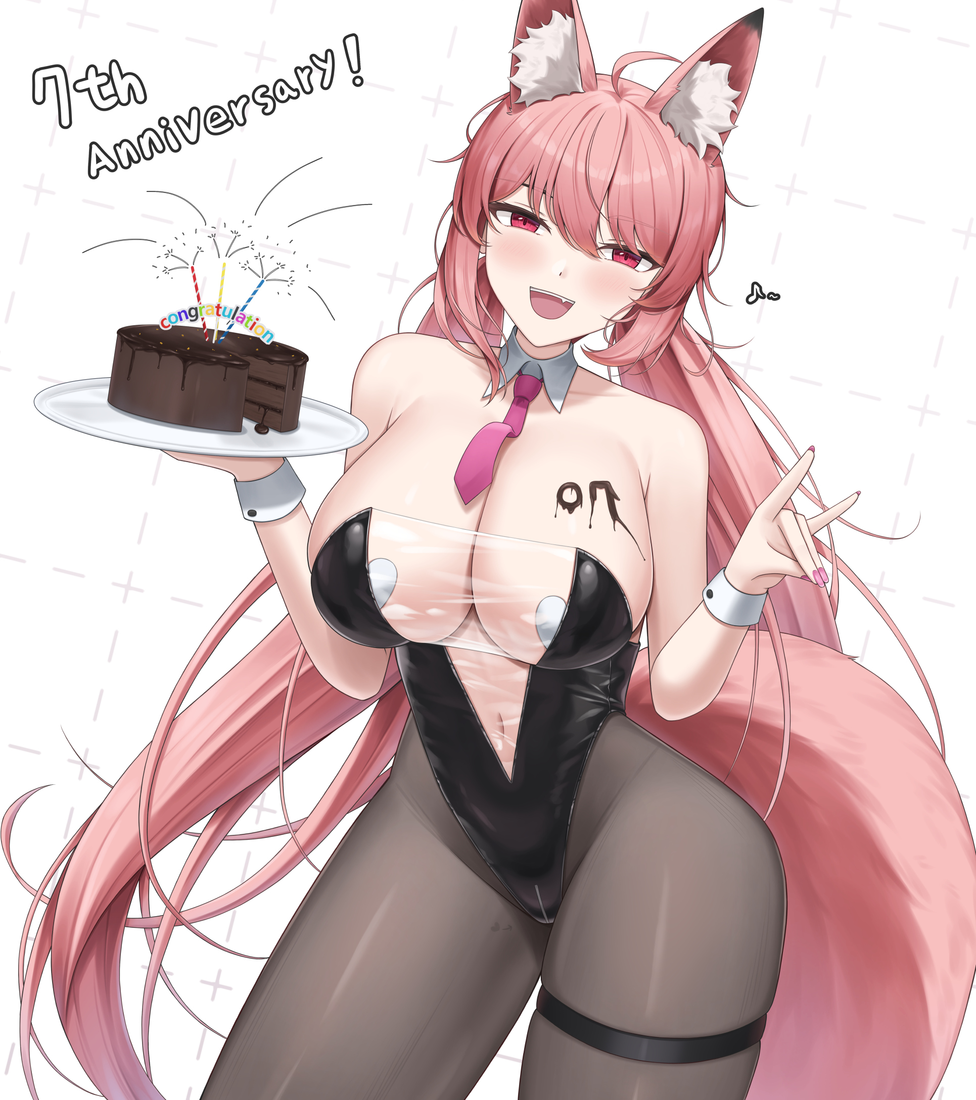 lazb., last origin, highres, :d, animal ears, bare shoulders, black leotard, blush, breasts, cake, cleavage, collarbone, curvy, detached collar, food, fox ears, fox tail, hair between eyes, heart pasties, holding, holding plate, large breasts, leotard, long hair, navel, necktie, open mouth, pasties, pink hair, pink necktie, plate, red eyes, sidelocks, simple background, smile, tail, teeth, upper teeth only, very long hair, white background, wrist cuffs