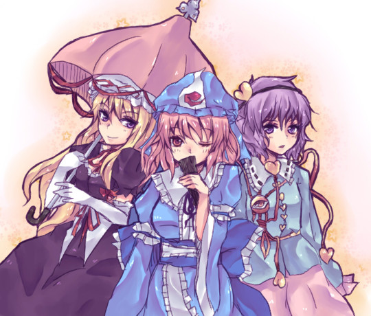 nonaka, komeiji satori, saigyouji yuyuko, yakumo yukari, touhou, bad id, bad pixiv id, 3girls, blonde hair, female focus, hairband, hat, multiple girls, parasol, pink hair, purple hair, short hair, umbrella, wink