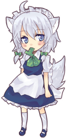 nonaka, inu sakuya (nejikirio), izayoi sakuya, touhou, silver hair, bad id, bad pixiv id, lowres, 1girl, ahoge, animal ears, blouse, blue eyes, blue shoes, braid, dog ears, dog tail, female focus, kemonomimi mode, kneehighs, maid, maid headdress, mary janes, mouth hold, shirt, shoes, short hair, simple background, socks, solo, tail, twin braids, white background, white shirt, white socks