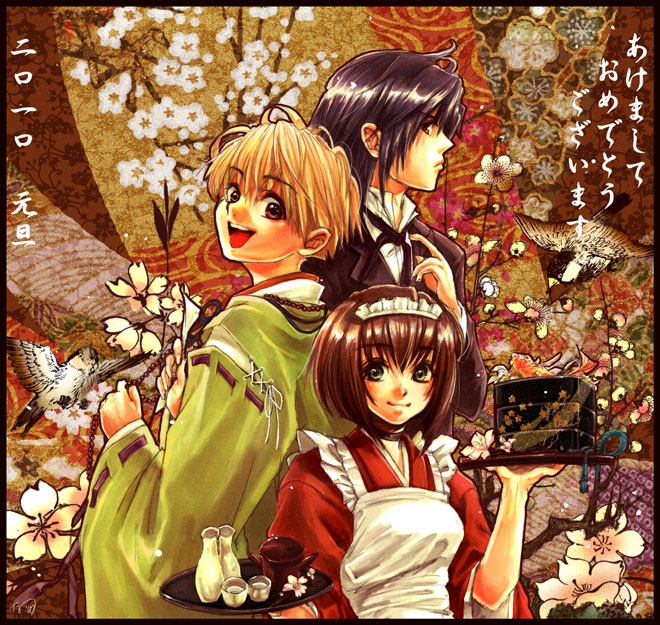 natsu mikan (level9), haruka (tactics), ichinomiya kantarou, youko (tactics), tactics, commentary, commentary request, 1girl, 2boys, apron, black hair, black ribbon, blonde hair, bob cut, brown hair, choker, closed mouth, formal clothes, frilled apron, frills, green eyes, green kimono, holding, holding tray, japanese clothes, kimono, maid, maid headdress, multiple boys, neck ribbon, open mouth, profile, ribbon, smile, suit, teeth, tray, upper body, upper teeth only