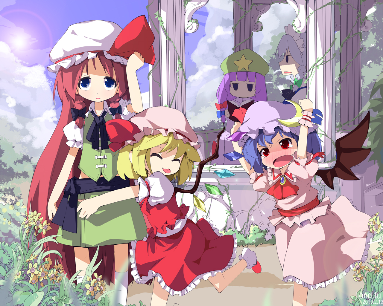 jong tu, flandre scarlet, hong meiling, izayoi sakuya, patchouli knowledge, remilia scarlet, embodiment of scarlet devil, touhou, silver hair, bad id, bad pixiv id, 5girls, :p, bat wings, blonde hair, blue eyes, blue hair, blush, braid, female focus, hat, headwear switch, hug, long hair, multiple girls, purple hair, red eyes, red hair, short hair, siblings, sisters, tongue, tongue out, twin braids, wings