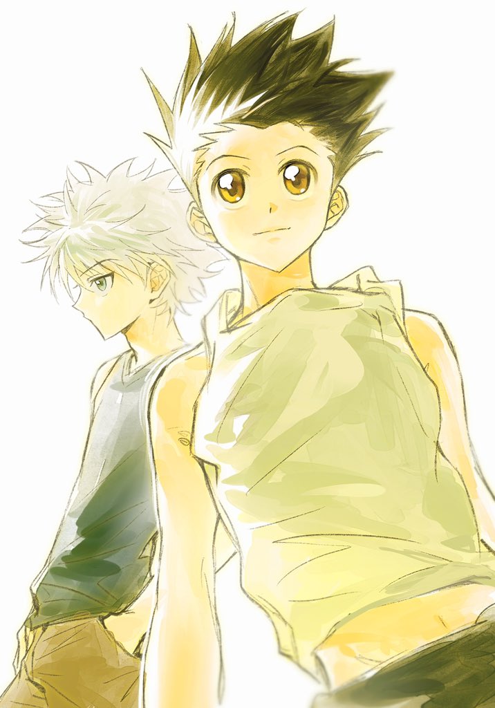 gelb, gon freecss, killua zoldyck, hunter x hunter, 2boys, black hair, black tank top, blue eyes, brown eyes, brown shorts, closed mouth, hands in pockets, male focus, midriff, multiple boys, short hair, shorts, simple background, solo, tank top, white background, white hair, white tank top