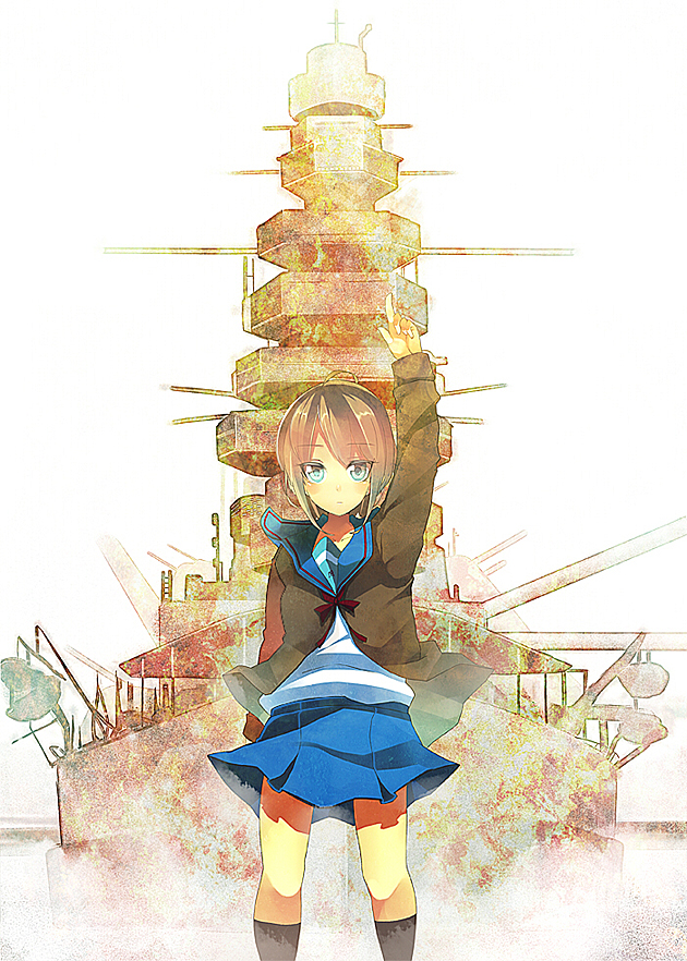 koba, nagato yuki, suzumiya haruhi no yuuutsu, bad id, bad pixiv id, 1girl, battleship, female focus, imperial japanese navy, military, military vehicle, nagato (battleship), name connection, object namesake, purple eyes, purple hair, school uniform, serafuku, ship, short hair, solo, warship, watercraft