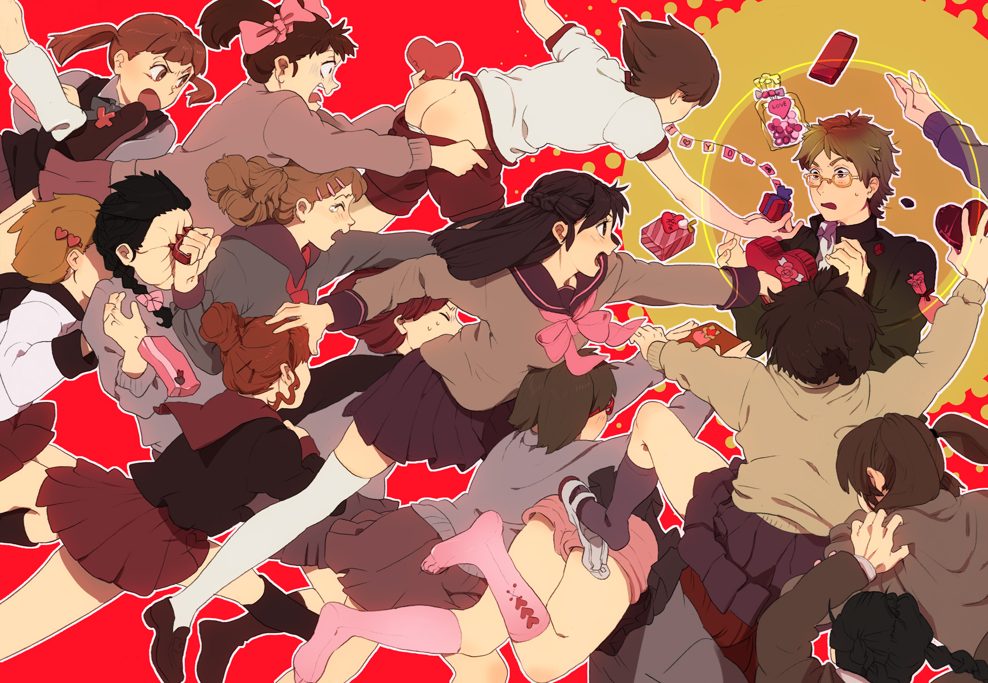 umishima senbon, original, highres, 1boy, 6+girls, ass, black hair, bow, brass knuckles, brown hair, glasses, hair bow, heart, multiple girls, pimp, shoe dangle, short hair, shorts, socks, tears, thighhighs, too many, valentine, weapon, zettai ryouiki