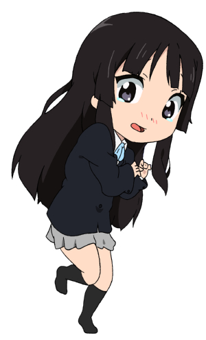 32r, akiyama mio, k-on!, bad id, bad pixiv id, lowres, 1girl, black eyes, black hair, chibi, female focus, full body, long hair, scared, school uniform, simple background, solo, white background