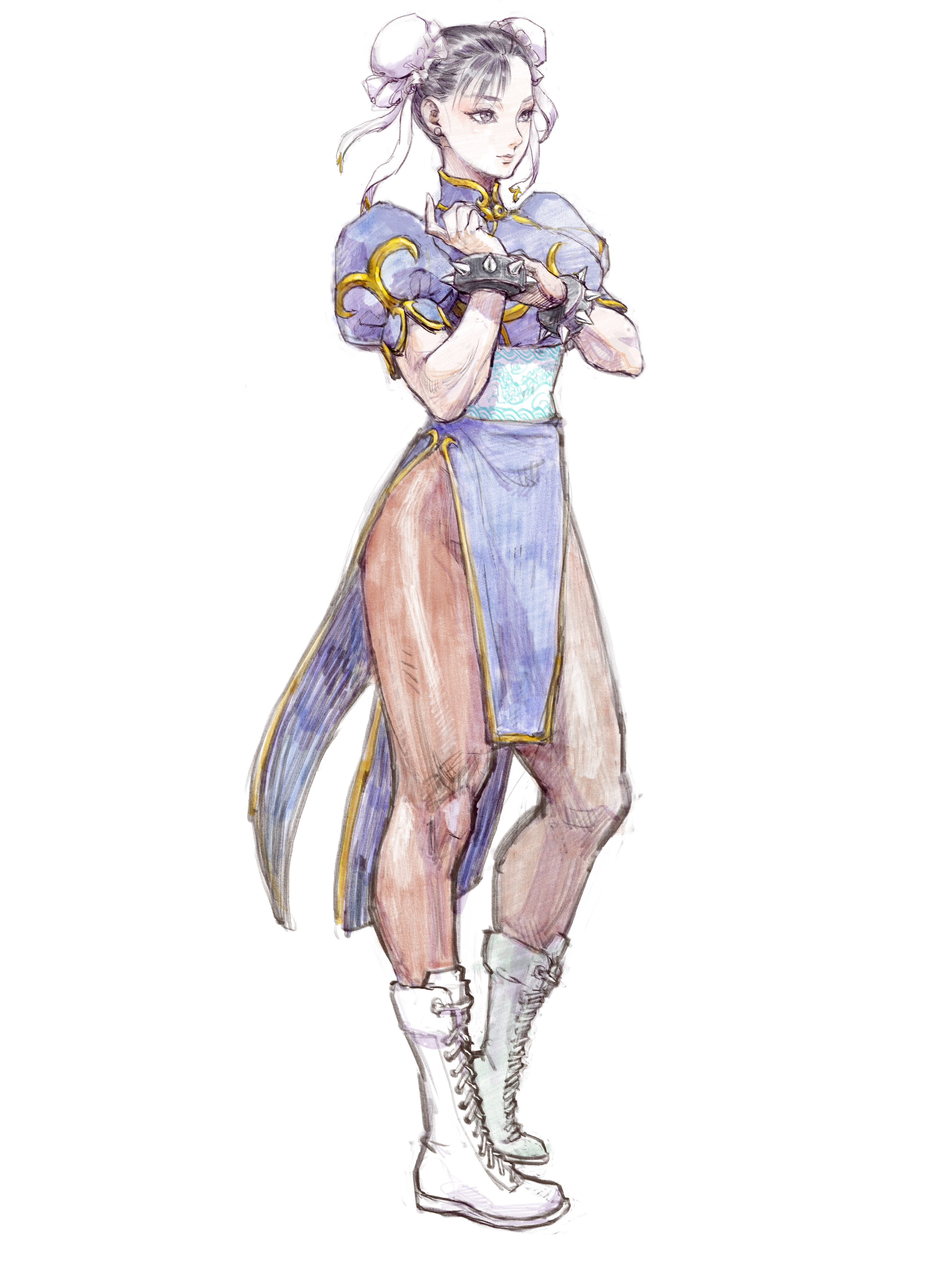 iwamoto tatsurou, chun-li, capcom, street fighter, absurdres, commentary request, highres, 1girl, black hair, blue dress, boots, bracelet, breasts, brown eyes, bun cover, china dress, chinese clothes, double bun, dress, earrings, hair bun, jewelry, pantyhose, pelvic curtain, puffy short sleeves, puffy sleeves, sash, short hair, short sleeves, solo, spiked bracelet, spikes, thighs, white background, white boots