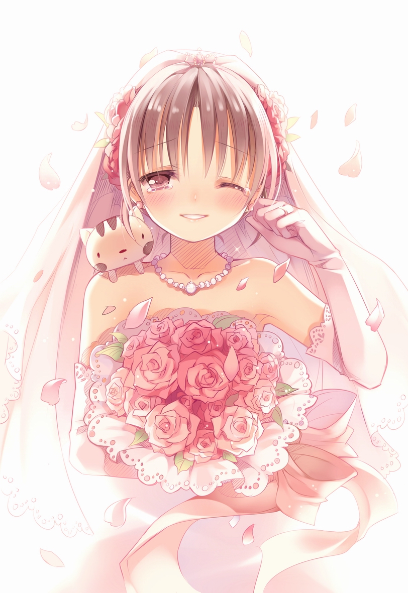 rie (reverie), original, bad id, bad pixiv id, 1girl, :<, bare shoulders, blush, bouquet, bridal veil, bride, brown hair, cat, dress, elbow gloves, female focus, flower, gloves, happy tears, jewelry, looking at viewer, necklace, one eye closed, petals, rose, smile, solo, tears, valentine, veil, wedding dress, wink