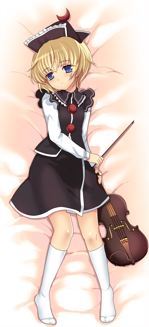 kumao mofumofu, lunasa prismriver, touhou, 1girl, blonde hair, blue eyes, bow (music), dakimakura (medium), female focus, full body, hat, instrument, kneehighs, lying, on back, short hair, socks, solo, violin