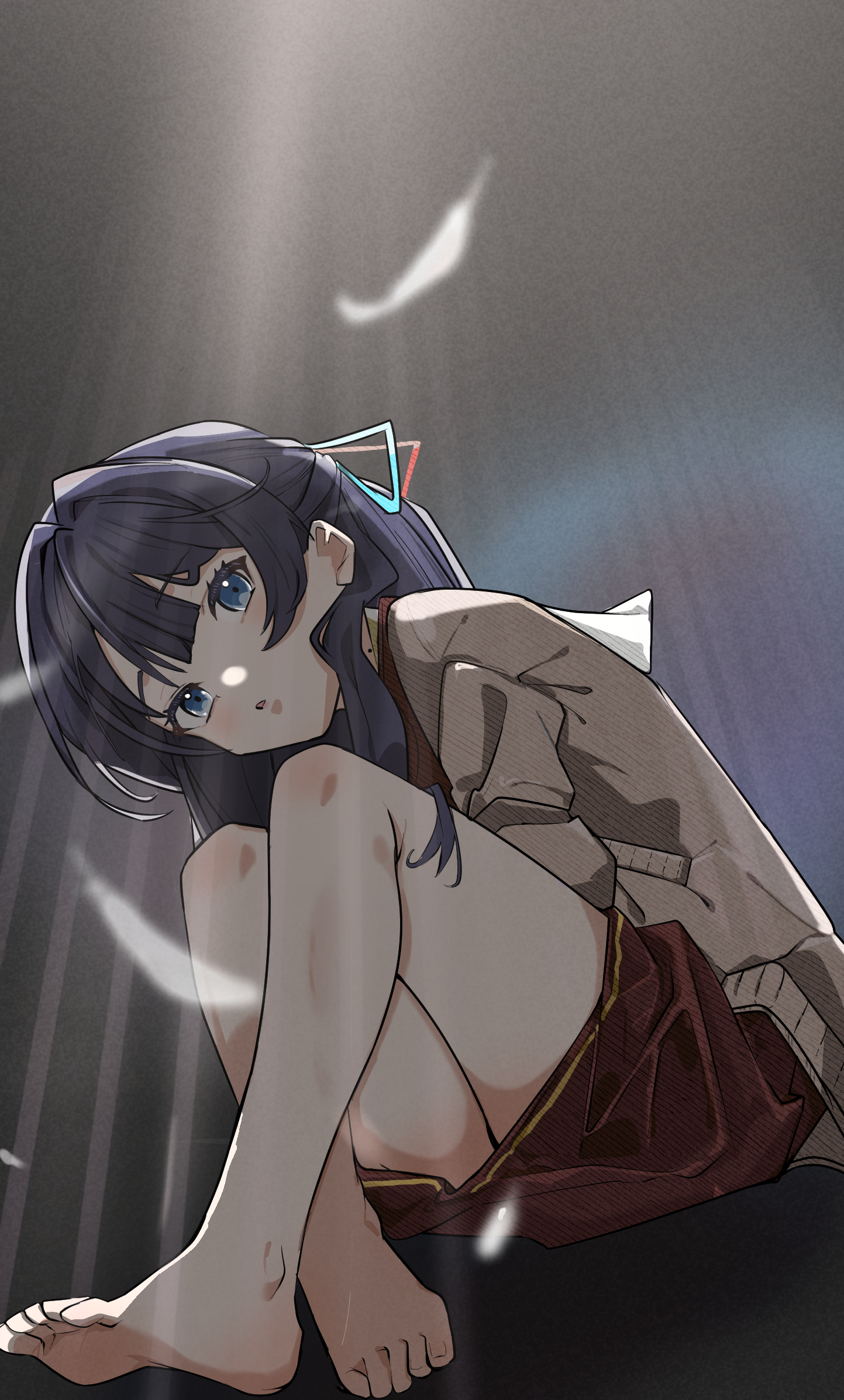 llb, murano sayaka, link! like! love live!, love live!, commentary, highres, 1girl, bare legs, barefoot, blue eyes, blue hair, blue ribbon, brown cardigan, brown dress, cardigan, dress, falling feathers, feathers, feet, full body, hair ribbon, hajimari no haneoto, half updo, hasu no sora school uniform, long hair, long sleeves, open cardigan, open clothes, parted lips, red ribbon, ribbon, sailor collar, sailor dress, school uniform, sitting, soles, solo, virtual youtuber, white feathers, white sailor collar, winter uniform