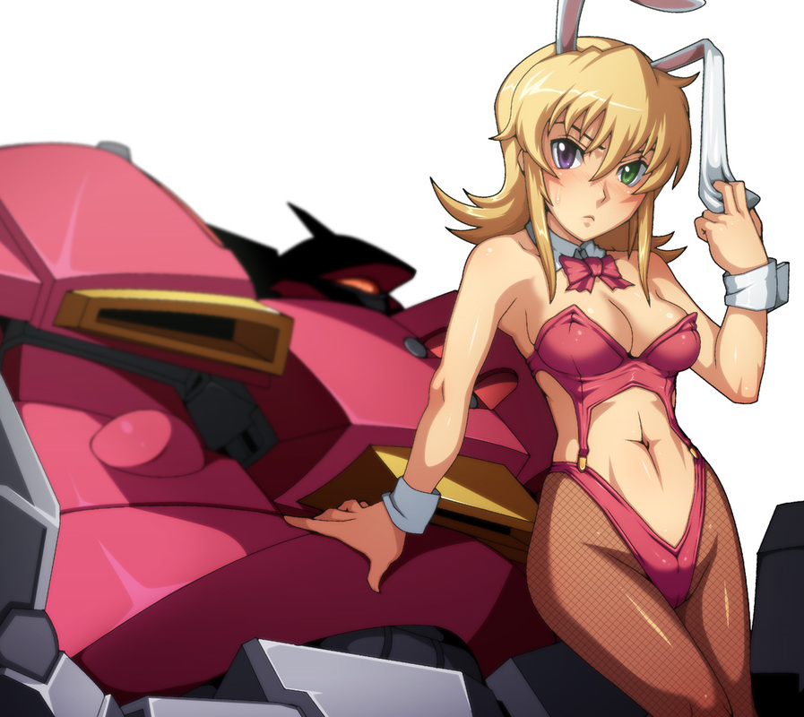 tabigarasu, gespenst, katina tarask, banpresto, super robot wars, super robot wars original generation, 1girl, animal ears, blonde hair, bow, bowtie, embarrassed, fake animal ears, fishnet pantyhose, fishnets, heterochromia, mecha, navel, pantyhose, playboy bunny, rabbit ears, robot, sweatdrop, wrist cuffs